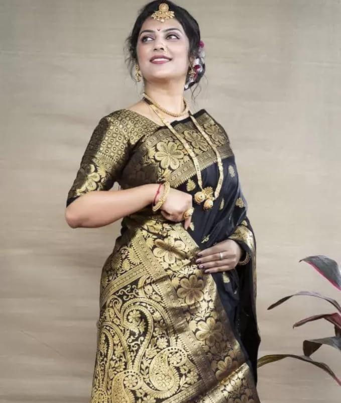 Shiv Textiles Women's Silk Woven Kanjivaram Saree(S-102-BLACK-P)