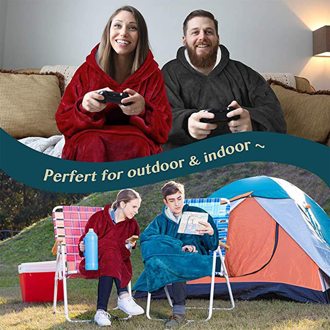 crownish Oversized Hoodie Blanket Women Ultra Plush Fleece with Soft Sherpa Reversible Warm Cosy Comfy Wearable Hooded Giant Sweatshirt Throw for Girls Adults Men Boys Kids Big Pocket