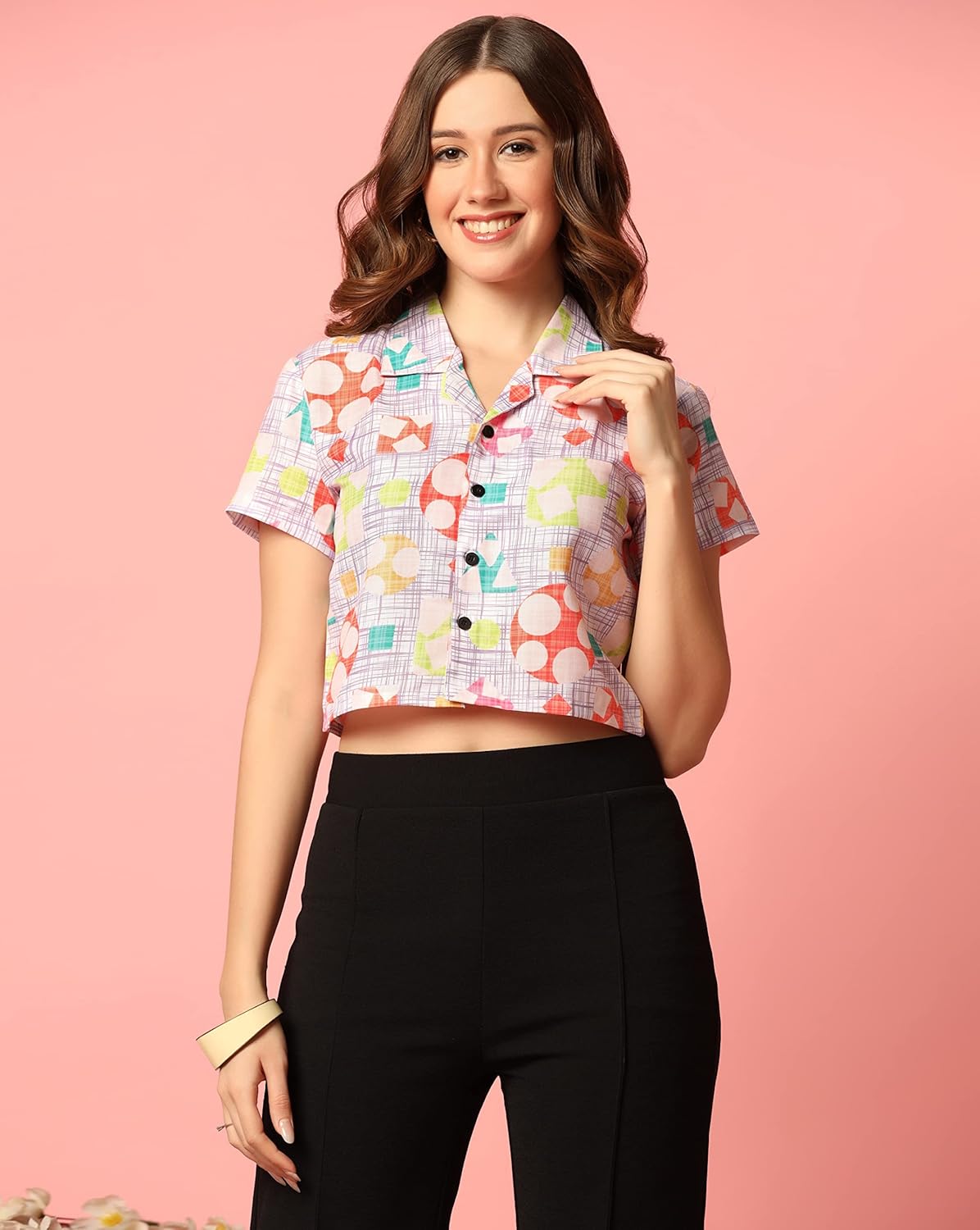 TOPLOT V-Collar Printed Crop Shirt for Women with Short Sleeves