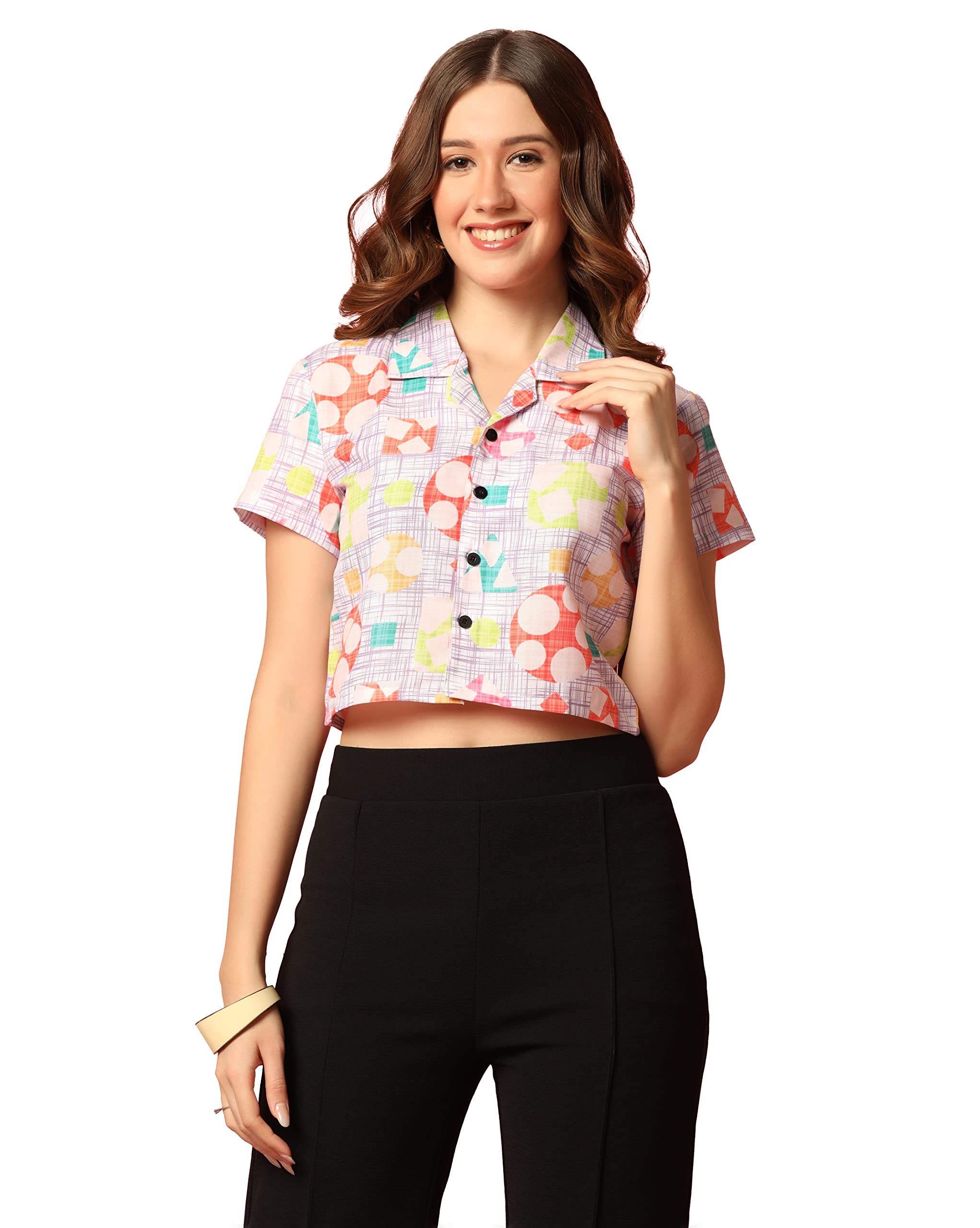 TOPLOT V-Collar Printed Crop Shirt for Women with Short Sleeves