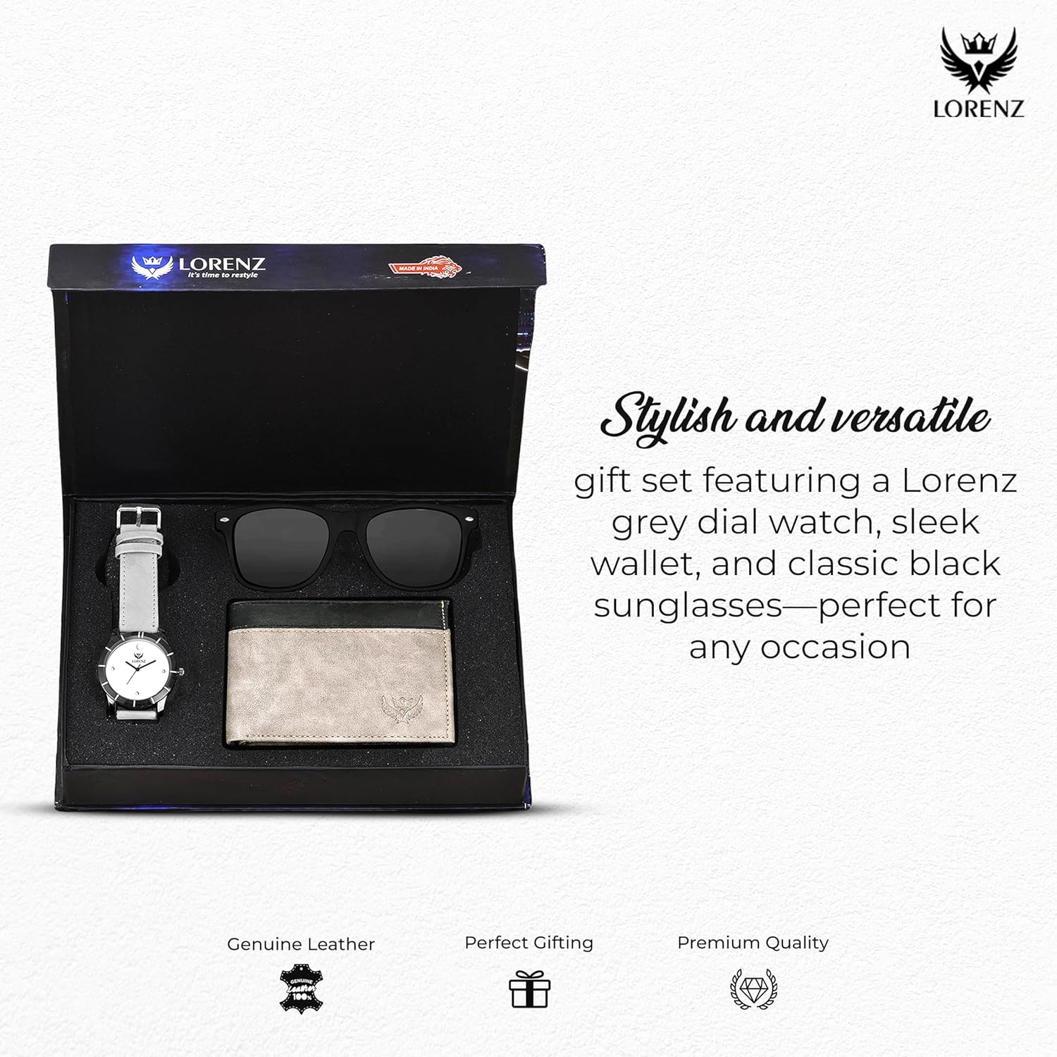 LORENZ Analog Men Gift Box Combo Set of Grey Dial Watch, Wallet & Black Sunglasses