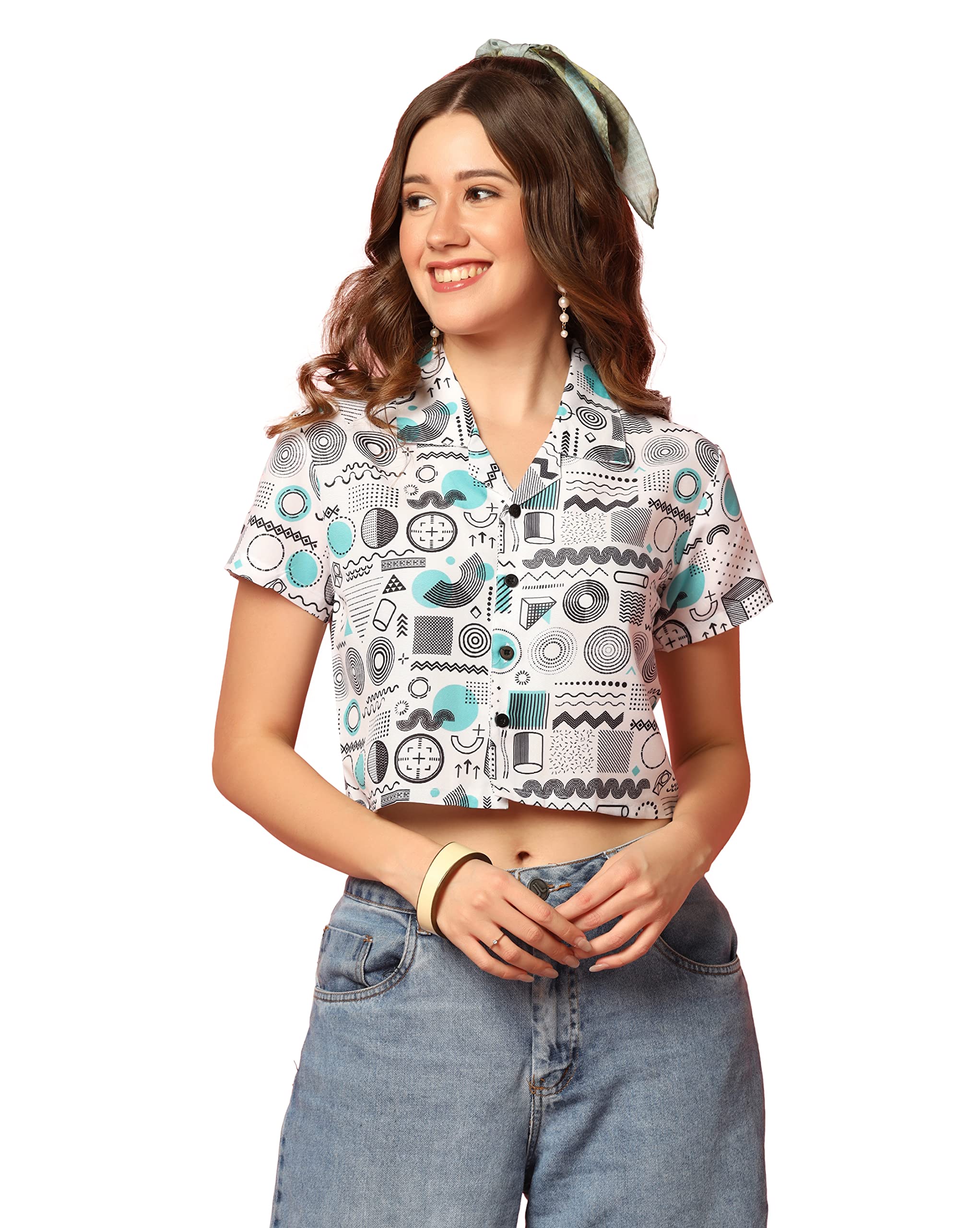 TOPLOT V-Collar Printed Crop Shirt for Women with Short Sleeves