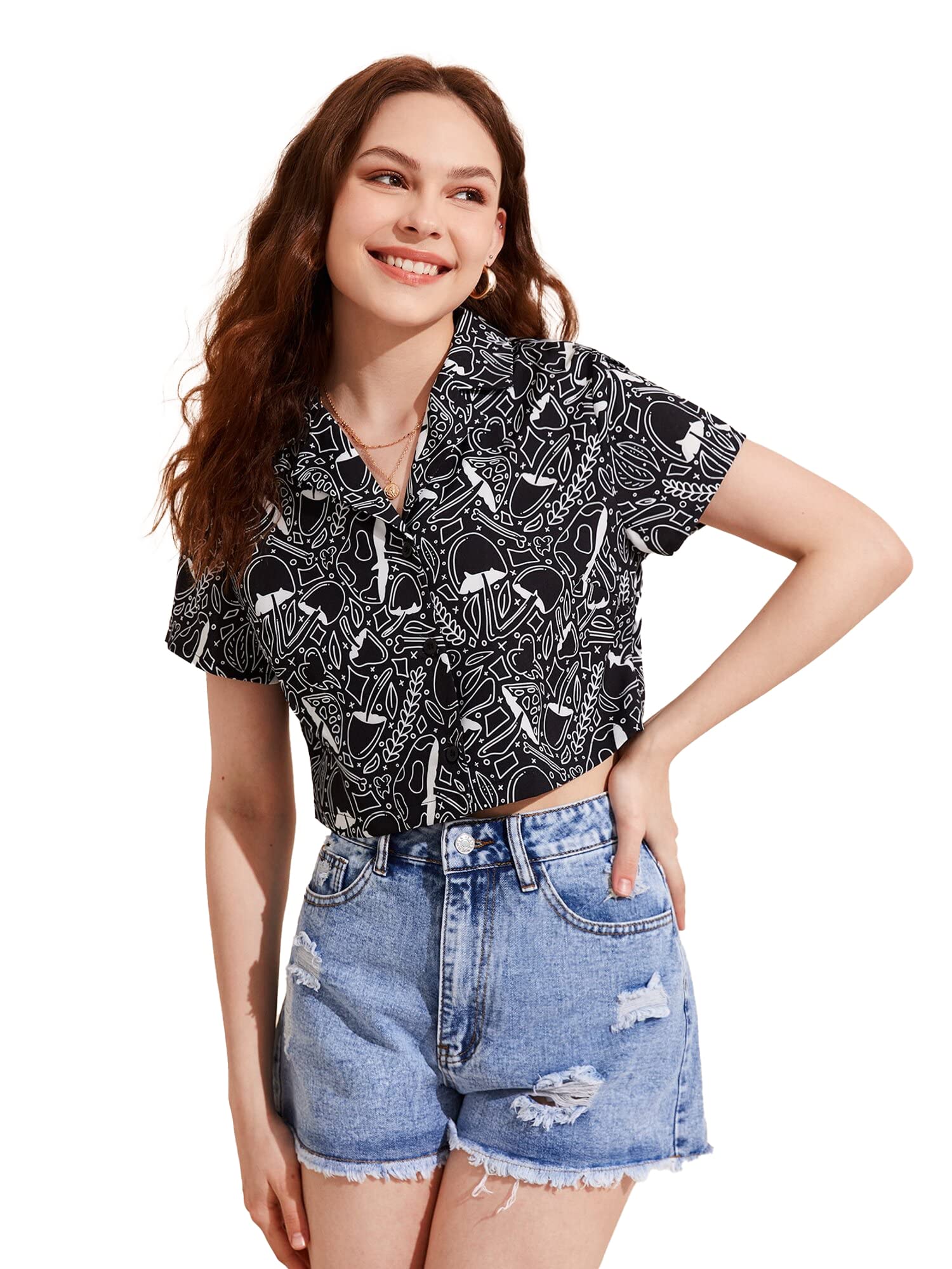 TOPLOT V-Collar Printed Crop Shirt for Women with Short Sleeves