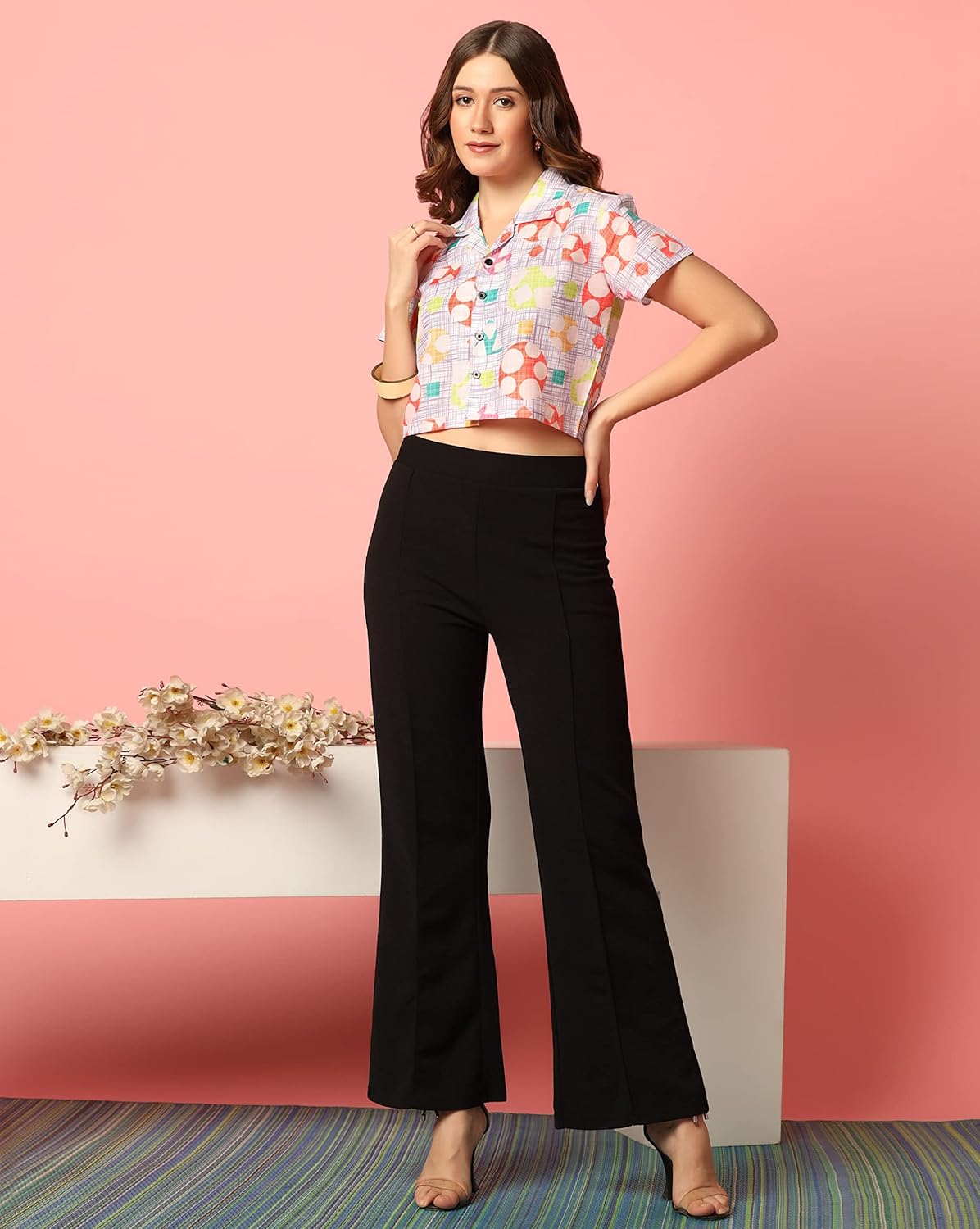 TOPLOT V-Collar Printed Crop Shirt for Women with Short Sleeves