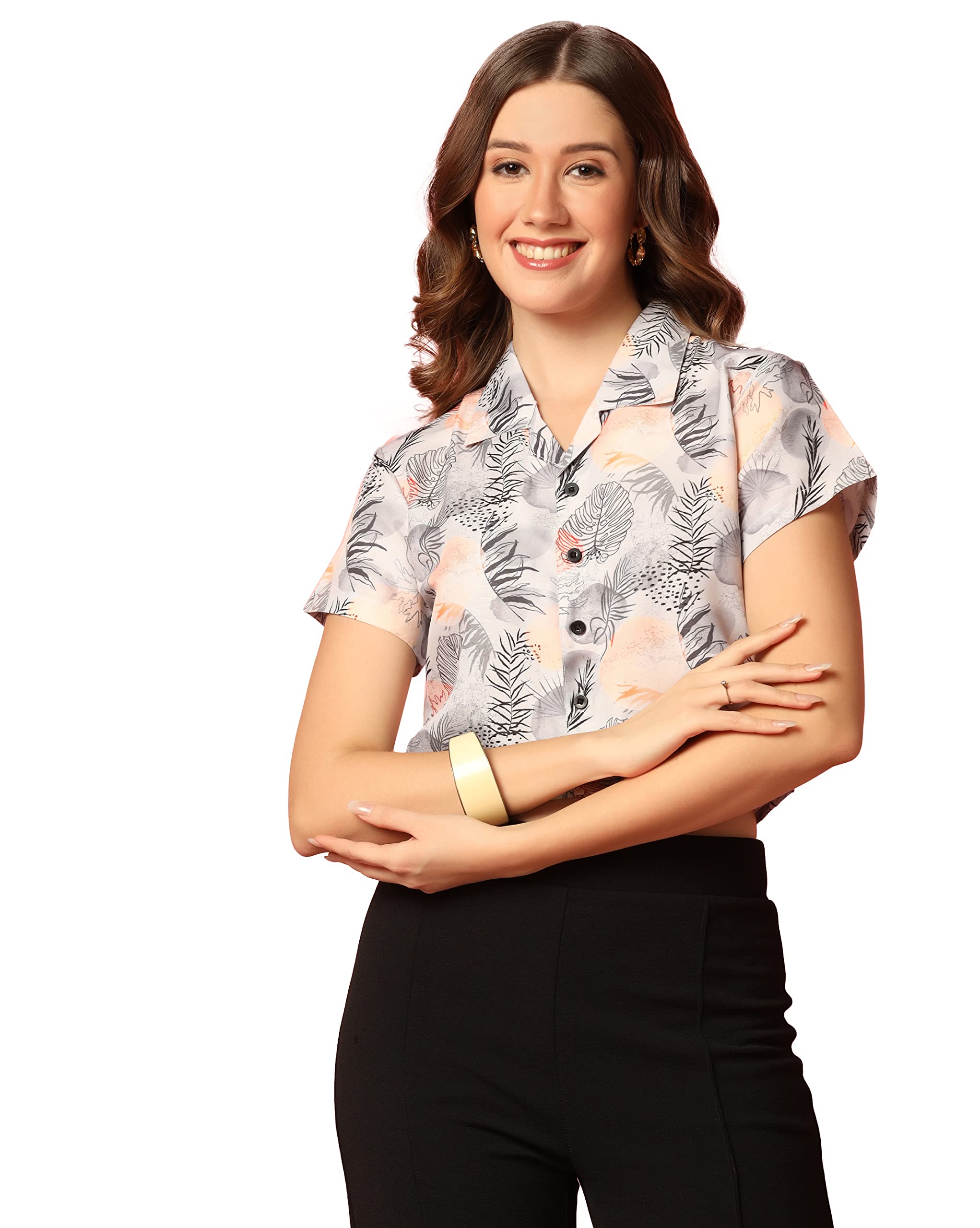 TOPLOT V-Collar Printed Crop Shirt for Women with Short Sleeves