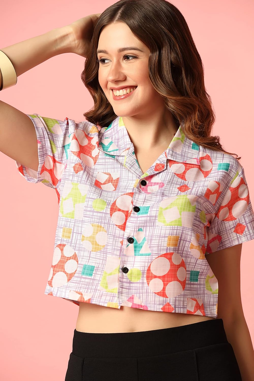 TOPLOT V-Collar Printed Crop Shirt for Women with Short Sleeves