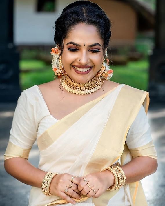 Yashika Women's Solid White Color and Gold Border Cotton Blend Saree with Unstitched Blouse Material-Special for Pongal Onam Festival (AZ-YS-OG1-PONGAL