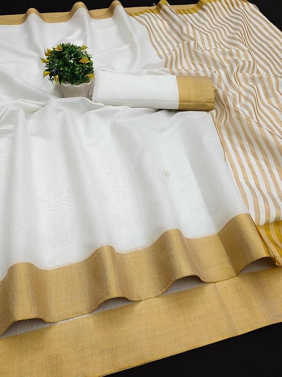Yashika Women's Solid White Color and Gold Border Cotton Blend Saree with Unstitched Blouse Material-Special for Pongal Onam Festival (AZ-YS-OG1-PONGAL