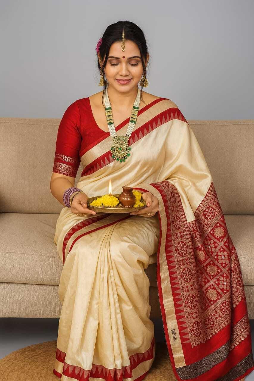 NEW COLLECTION White Red Border Ethnic Odisha Handloom Sambalpuri Cream Saree for Women Girls Plain Solid Kanjivaram Tussar Silk Banarasi Temple Border Simple Orissa Saree Design Beige Red Blouse Sari