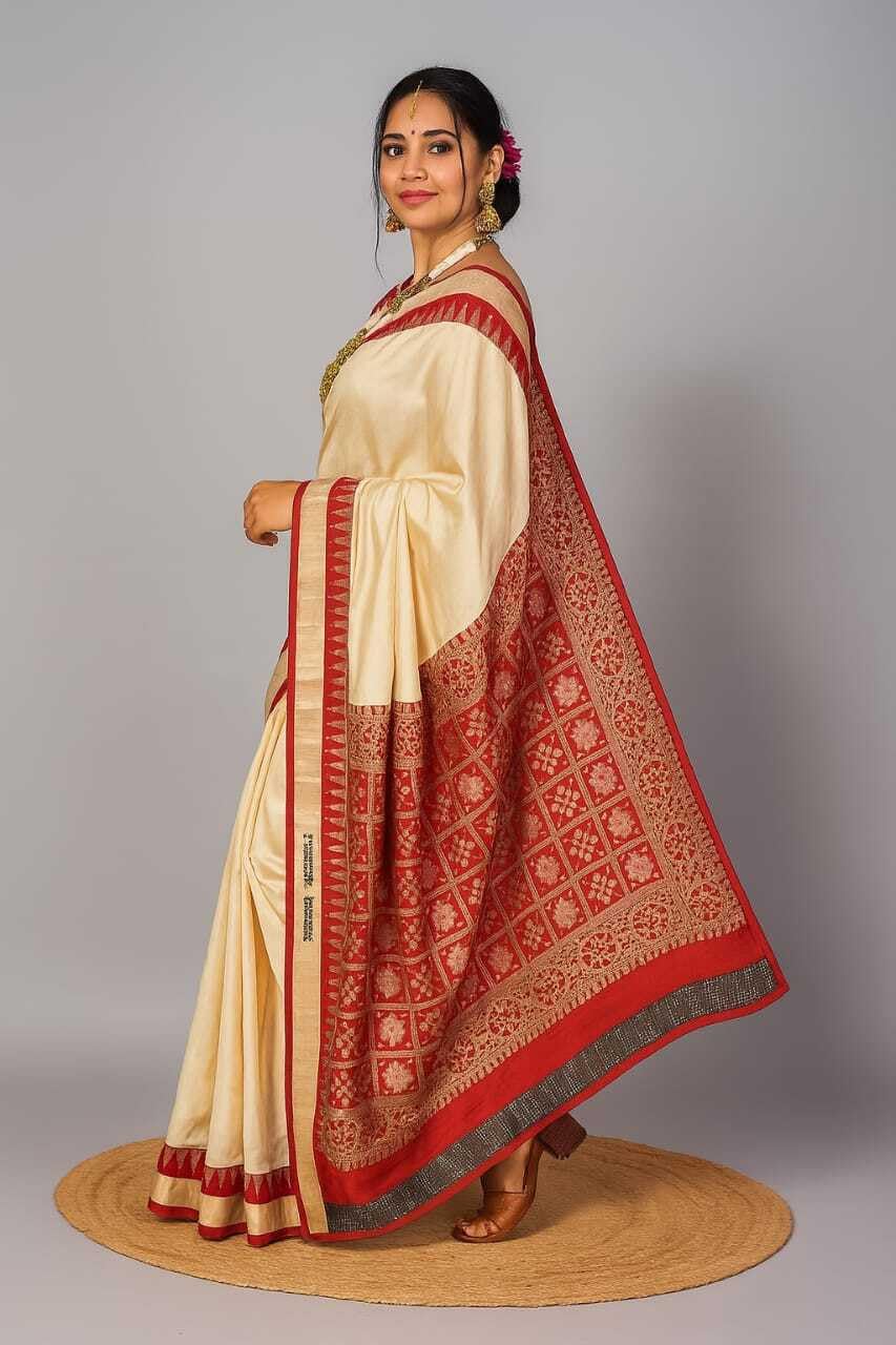 NEW COLLECTION White Red Border Ethnic Odisha Handloom Sambalpuri Cream Saree for Women Girls Plain Solid Kanjivaram Tussar Silk Banarasi Temple Border Simple Orissa Saree Design Beige Red Blouse Sari