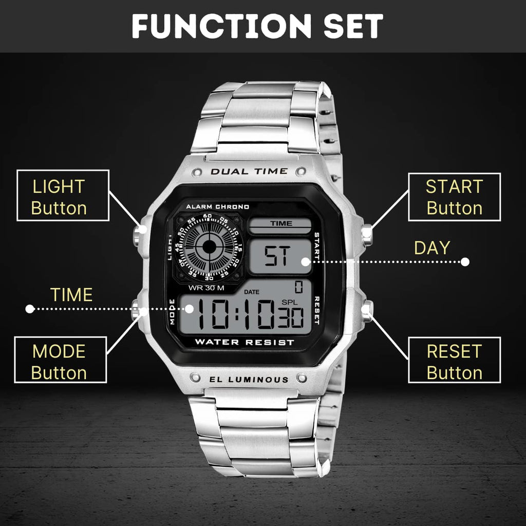 Shocknshop Digital Sports Square Black Dial Stainless Steel Strap Unisex Watch (Black Dial & Silver Colored Strap) -WCH53