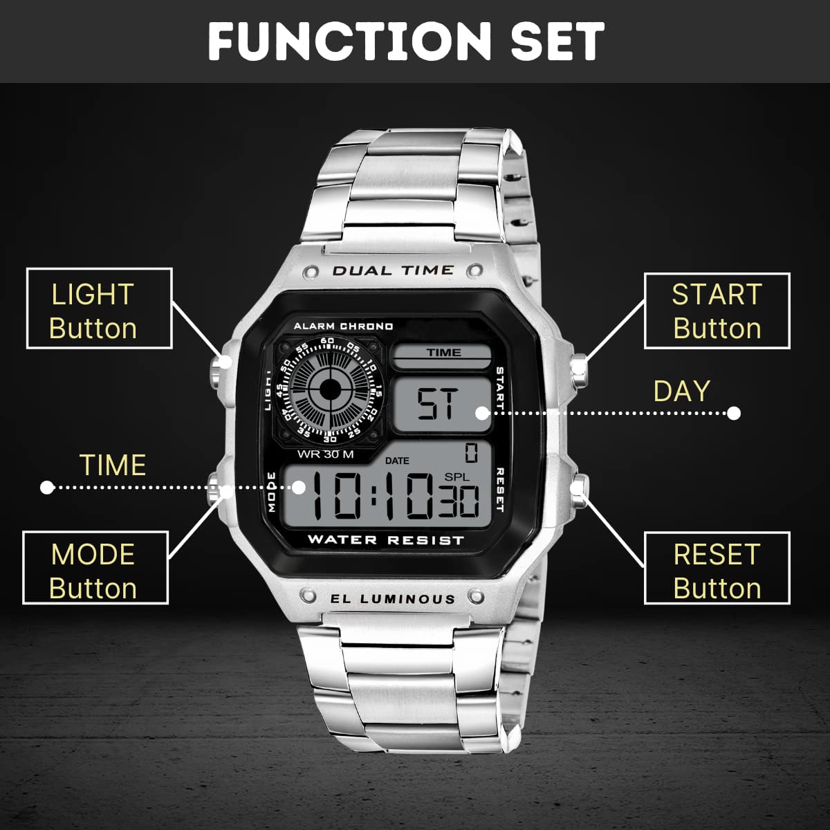 Shocknshop Digital Sports Square Black Dial Stainless Steel Strap Unisex Watch (Black Dial & Silver Colored Strap) -WCH53