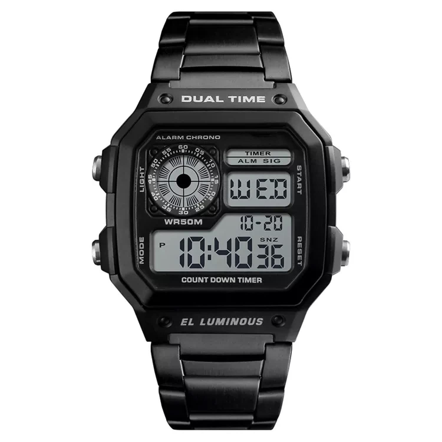 Shocknshop Digital Sports Square Black Dial Stainless Steel Strap Unisex Watch (Black Dial & Silver Colored Strap) -WCH53