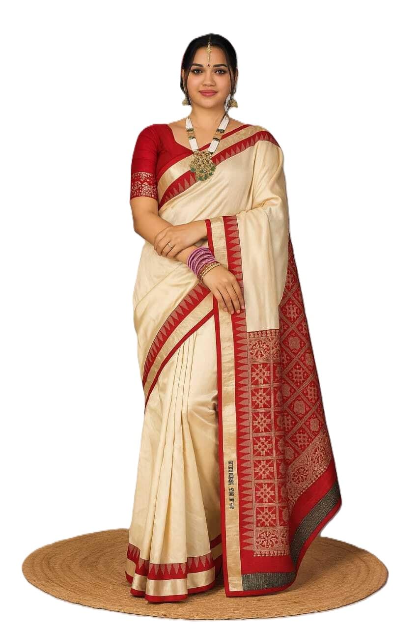 NEW COLLECTION White Red Border Ethnic Odisha Handloom Sambalpuri Cream Saree for Women Girls Plain Solid Kanjivaram Tussar Silk Banarasi Temple Border Simple Orissa Saree Design Beige Red Blouse Sari
