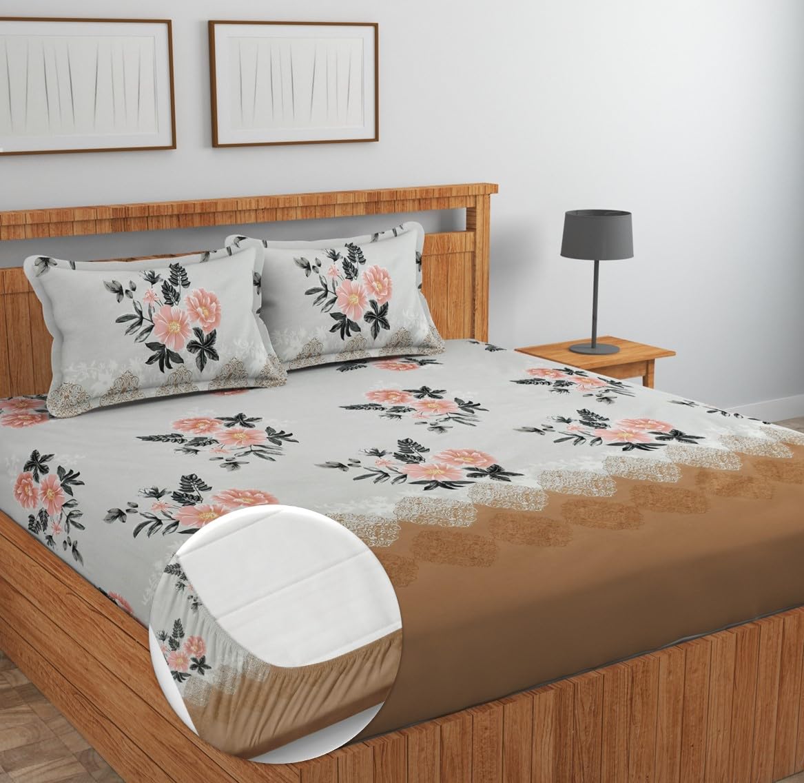 NEW LEAF Premium Cotton Elastic Fitted Bedsheets with 2 King Size Pillow Covers Double Bed with All Around Elastic Supersoft Size - 72 King Sizex78+10 inches Grey White Oval Pattren 200 tc - 220 tc