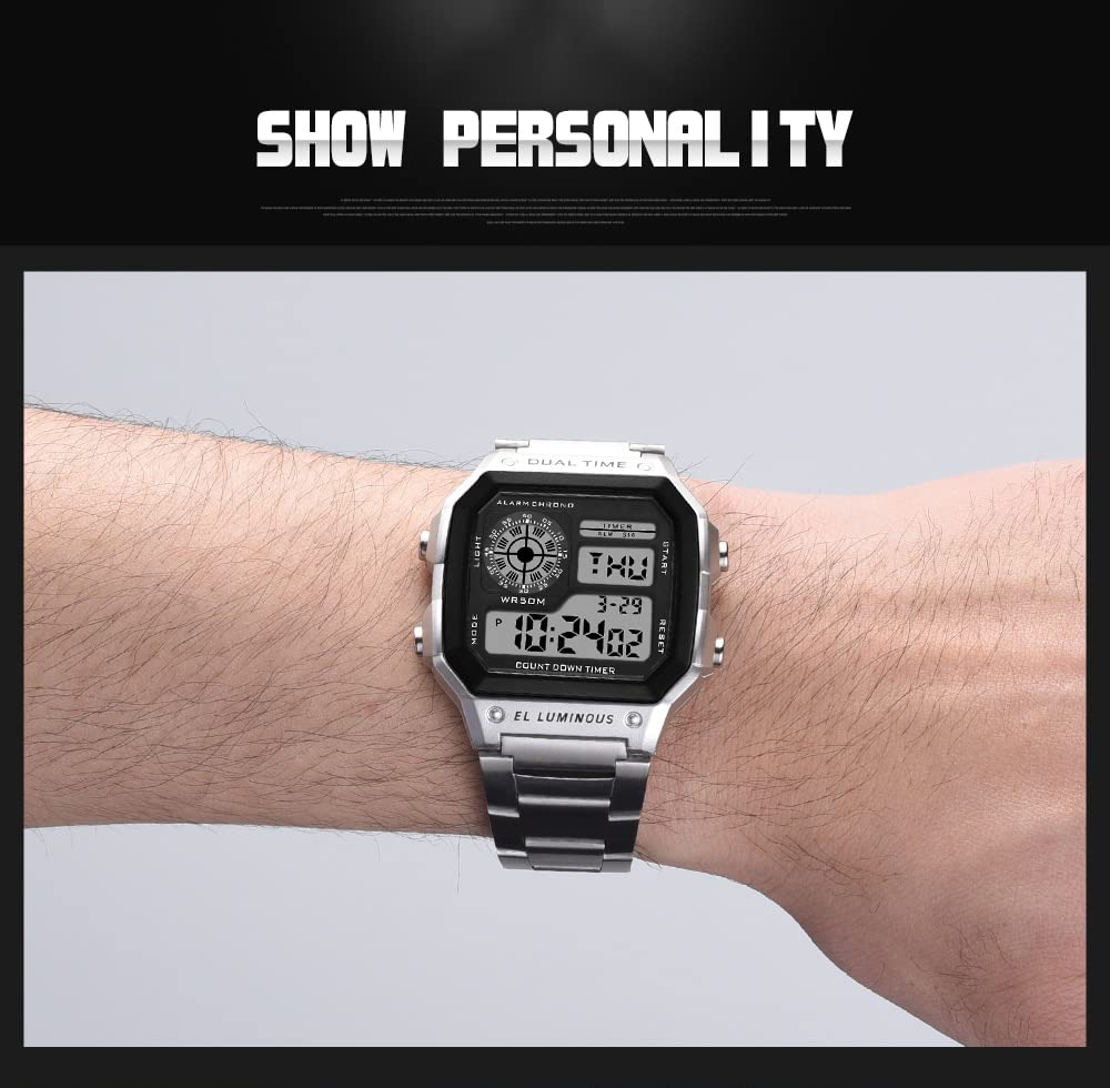 Shocknshop Digital Sports Square Black Dial Stainless Steel Strap Unisex Watch (Black Dial & Silver Colored Strap) -WCH53