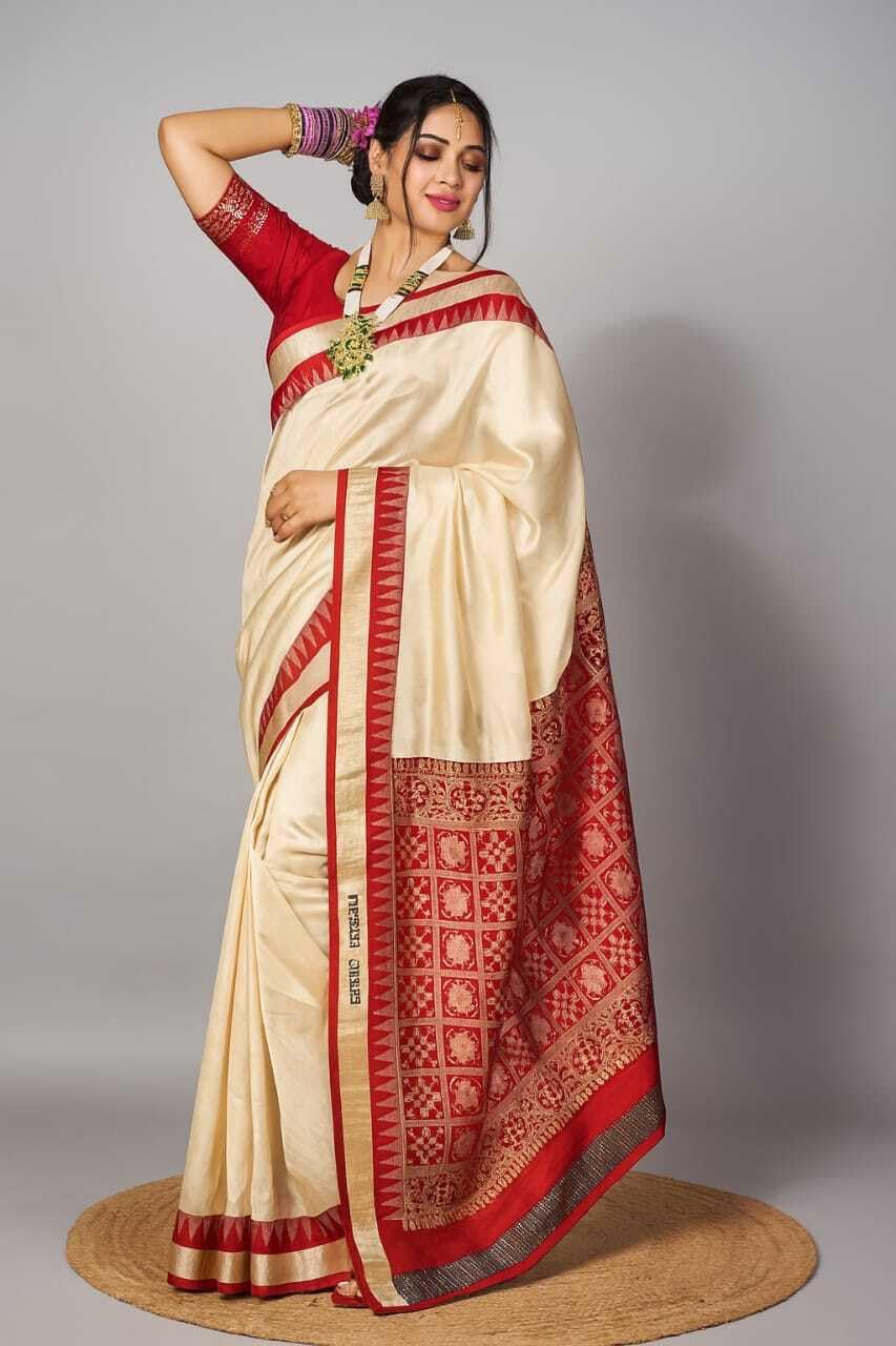 NEW COLLECTION White Red Border Ethnic Odisha Handloom Sambalpuri Cream Saree for Women Girls Plain Solid Kanjivaram Tussar Silk Banarasi Temple Border Simple Orissa Saree Design Beige Red Blouse Sari
