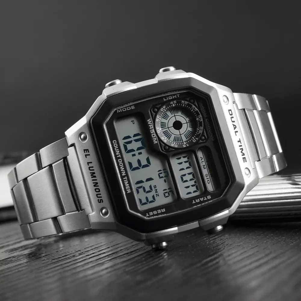 Shocknshop Digital Sports Square Black Dial Stainless Steel Strap Unisex Watch (Black Dial & Silver Colored Strap) -WCH53