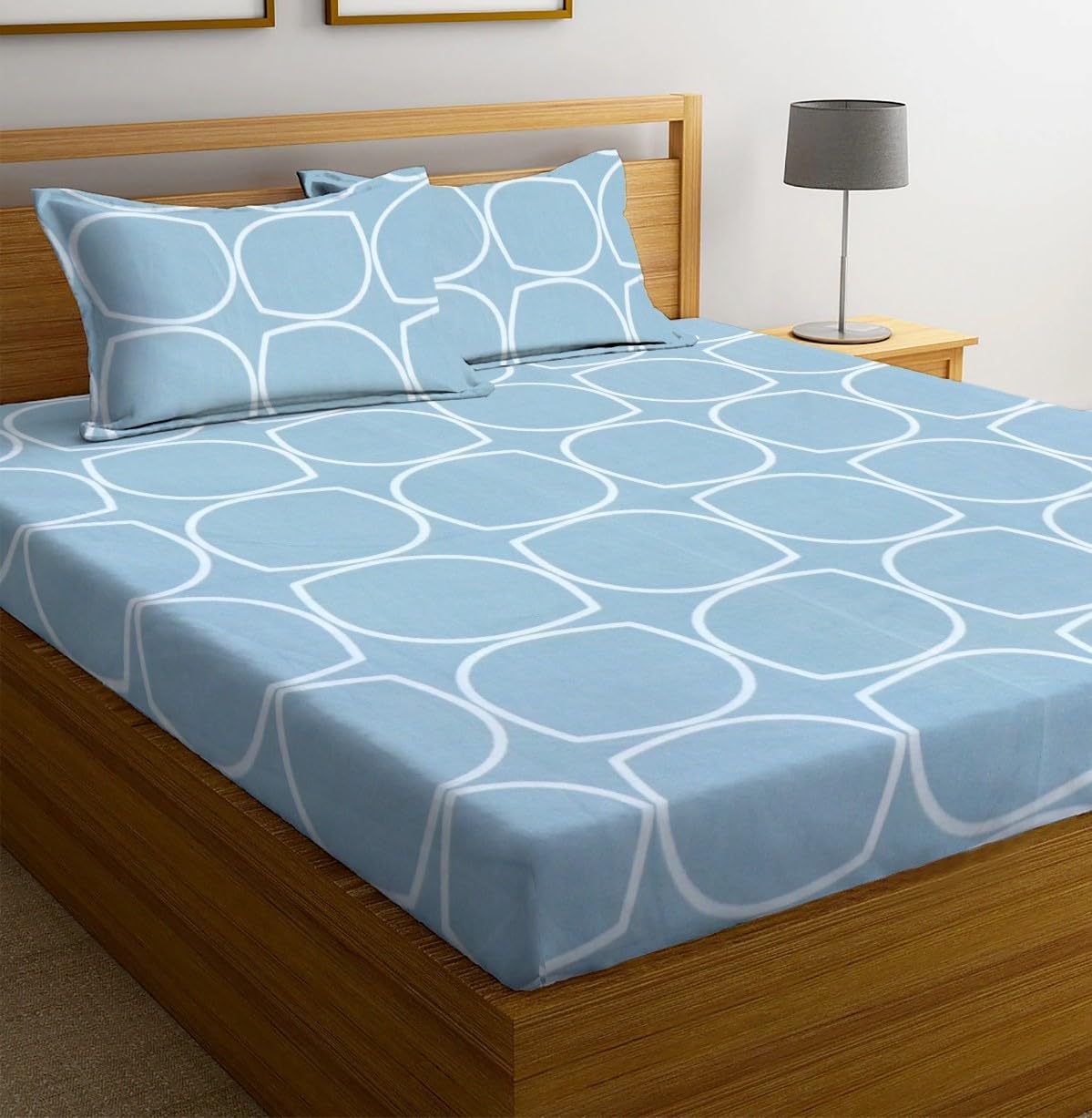 NEW LEAF Premium Cotton Elastic Fitted Bedsheets with 2 King Size Pillow Covers Double Bed with All Around Elastic Supersoft Size - 72 King Sizex78+10 inches Grey White Oval Pattren 200 tc - 220 tc