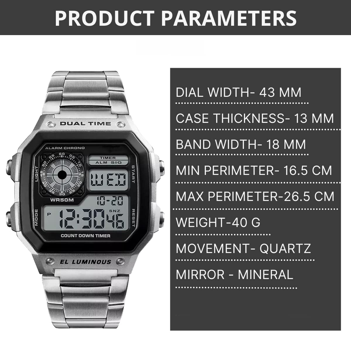 Shocknshop Digital Sports Square Black Dial Stainless Steel Strap Unisex Watch (Black Dial & Silver Colored Strap) -WCH53