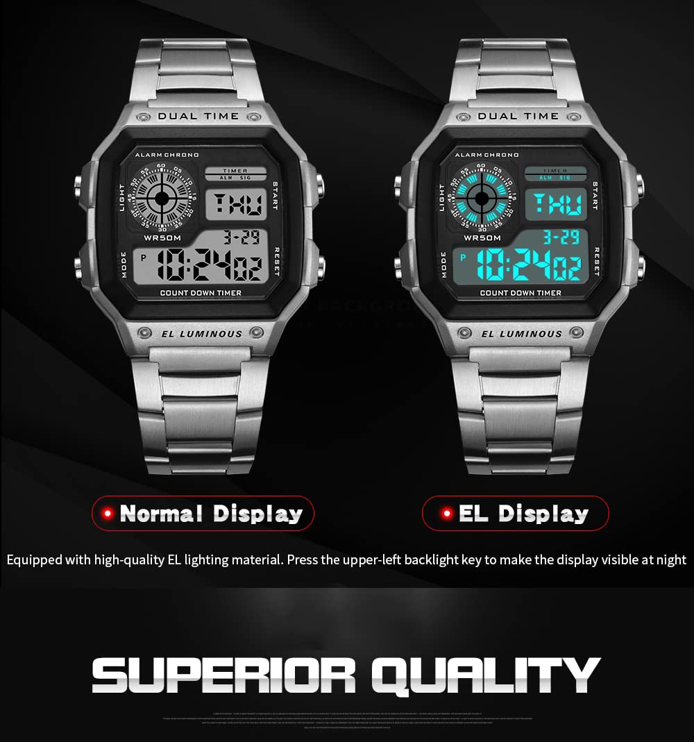 Shocknshop Digital Sports Square Black Dial Stainless Steel Strap Unisex Watch (Black Dial & Silver Colored Strap) -WCH53