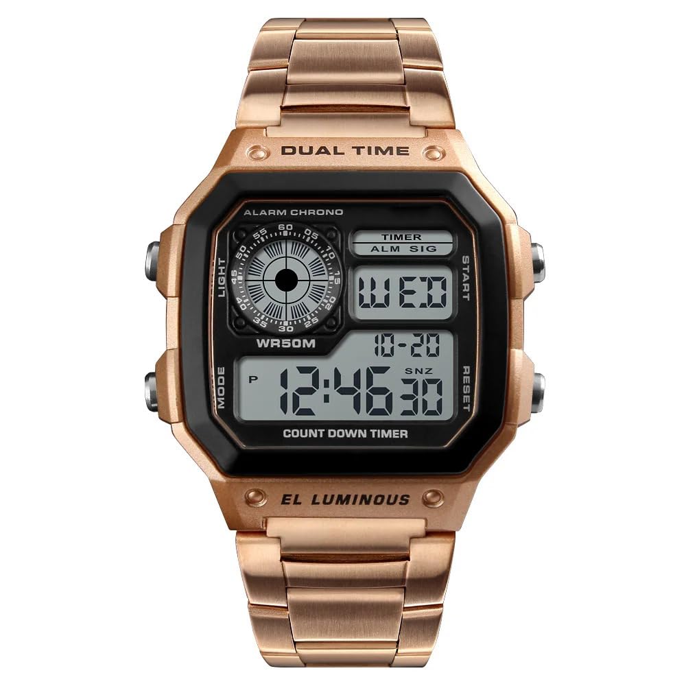 Shocknshop Digital Sports Square Black Dial Stainless Steel Strap Unisex Watch (Black Dial & Silver Colored Strap) -WCH53