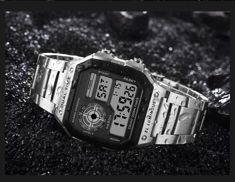 Shocknshop Digital Sports Square Black Dial Stainless Steel Strap Unisex Watch (Black Dial & Silver Colored Strap) -WCH53