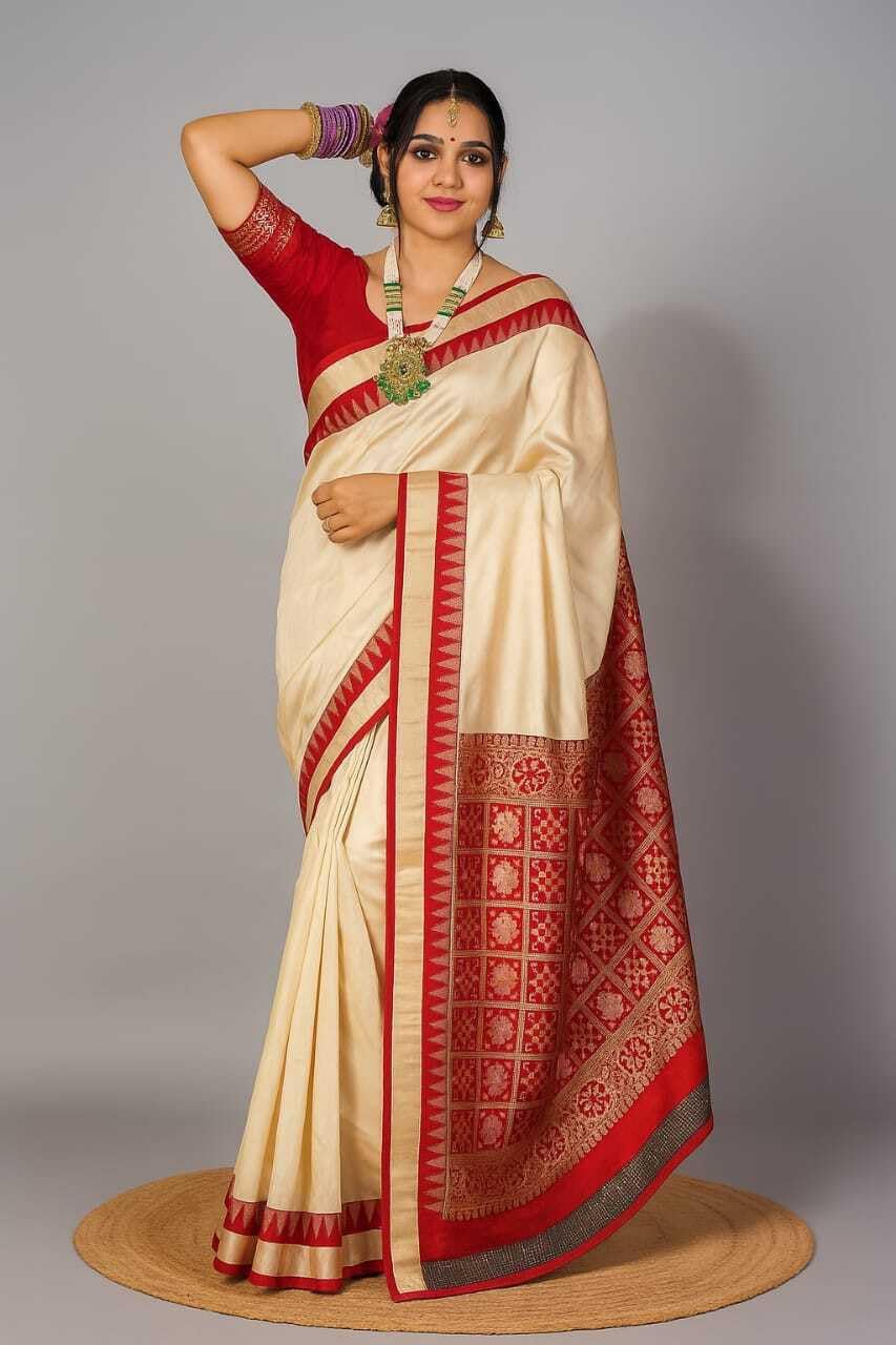 NEW COLLECTION White Red Border Ethnic Odisha Handloom Sambalpuri Cream Saree for Women Girls Plain Solid Kanjivaram Tussar Silk Banarasi Temple Border Simple Orissa Saree Design Beige Red Blouse Sari