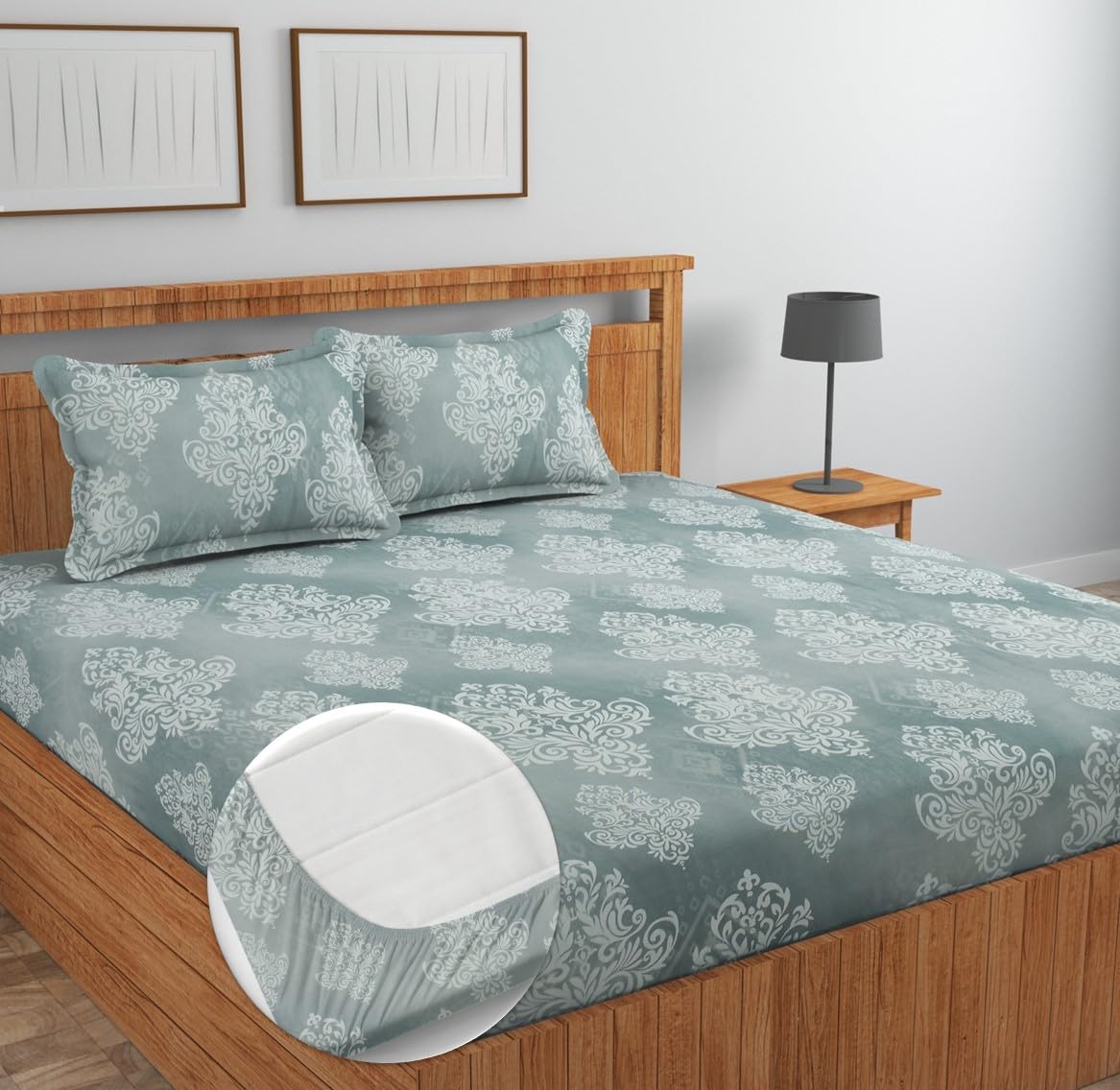 NEW LEAF Premium Cotton Elastic Fitted Bedsheets with 2 King Size Pillow Covers Double Bed with All Around Elastic Supersoft Size - 72 King Sizex78+10 inches Grey White Oval Pattren 200 tc - 220 tc
