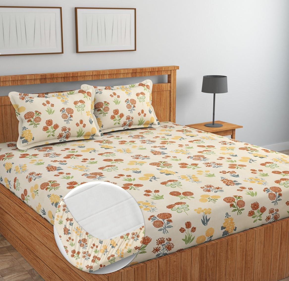 NEW LEAF Premium Cotton Elastic Fitted Bedsheets with 2 King Size Pillow Covers Double Bed with All Around Elastic Supersoft Size - 72 King Sizex78+10 inches Grey White Oval Pattren 200 tc - 220 tc