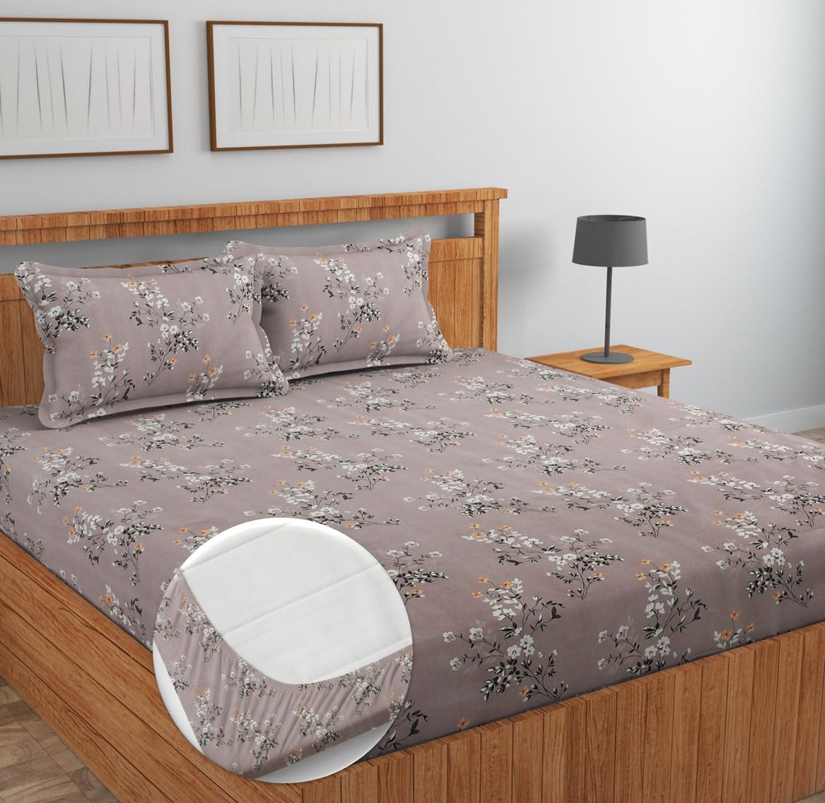 NEW LEAF Premium Cotton Elastic Fitted Bedsheets with 2 King Size Pillow Covers Double Bed with All Around Elastic Supersoft Size - 72 King Sizex78+10 inches Grey White Oval Pattren 200 tc - 220 tc