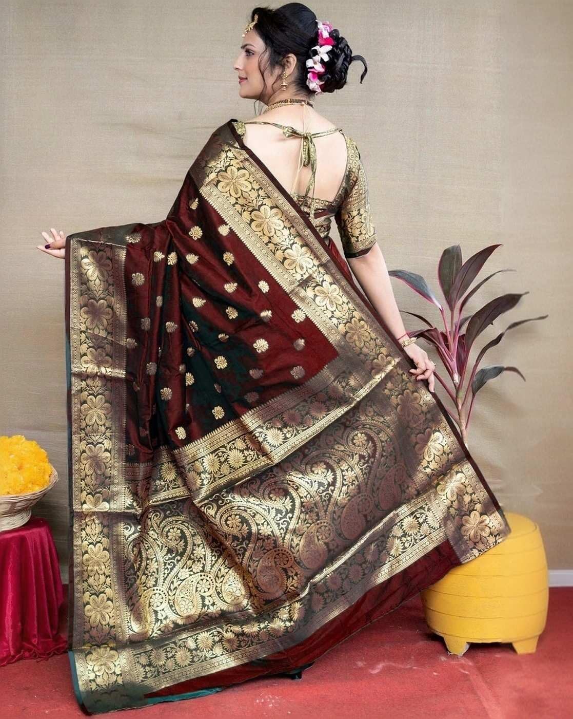 Shiv Textiles Women's Silk Woven Kanjivaram Saree(S-102-BLACK-P)