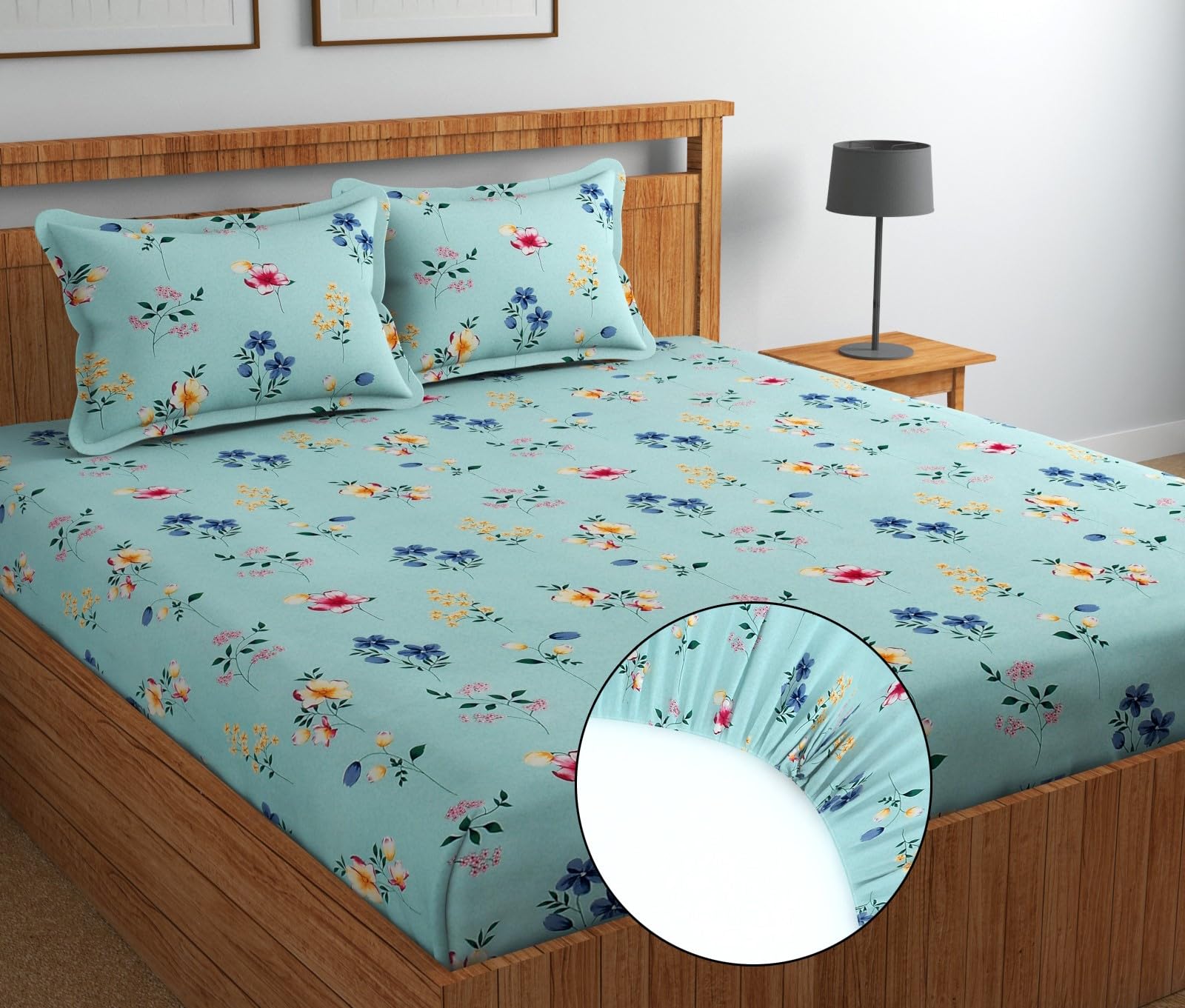NEW LEAF Premium Cotton Elastic Fitted Bedsheets with 2 King Size Pillow Covers Double Bed with All Around Elastic Supersoft Size - 72 King Sizex78+10 inches Grey White Oval Pattren 200 tc - 220 tc
