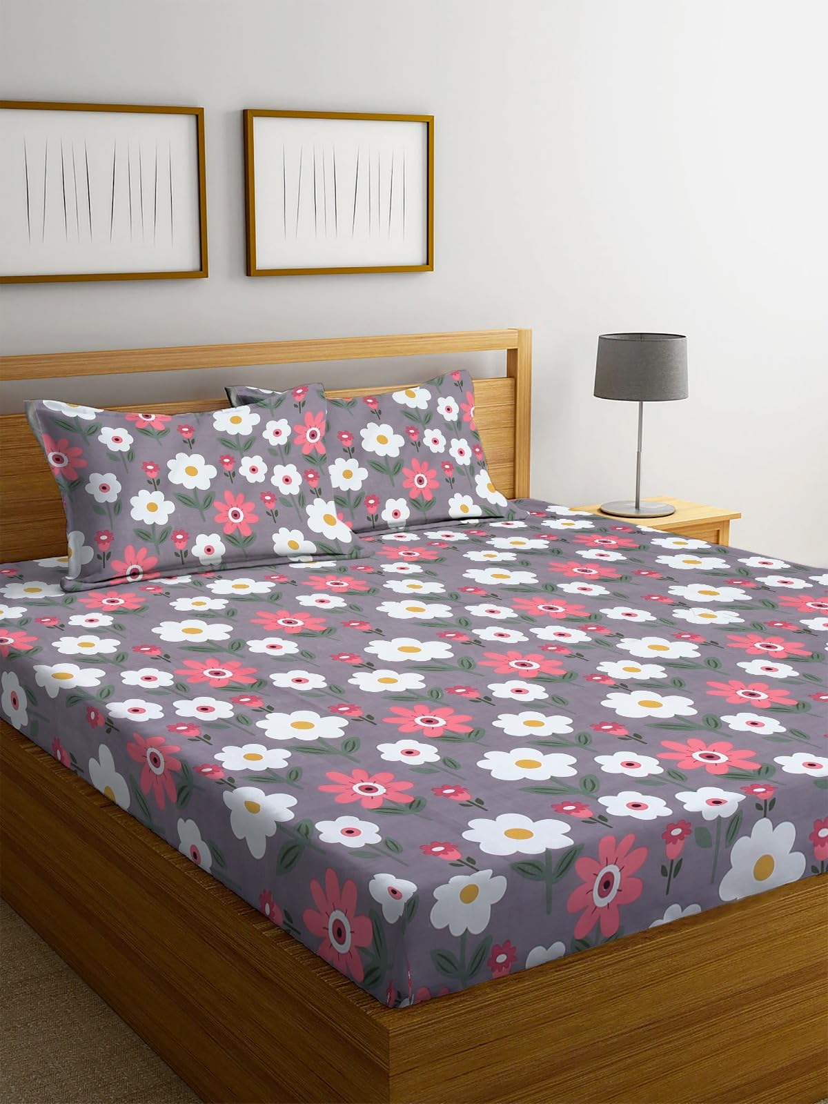 NEW LEAF Premium Cotton Elastic Fitted Bedsheets with 2 King Size Pillow Covers Double Bed with All Around Elastic Supersoft Size - 72 King Sizex78+10 inches Grey White Oval Pattren 200 tc - 220 tc