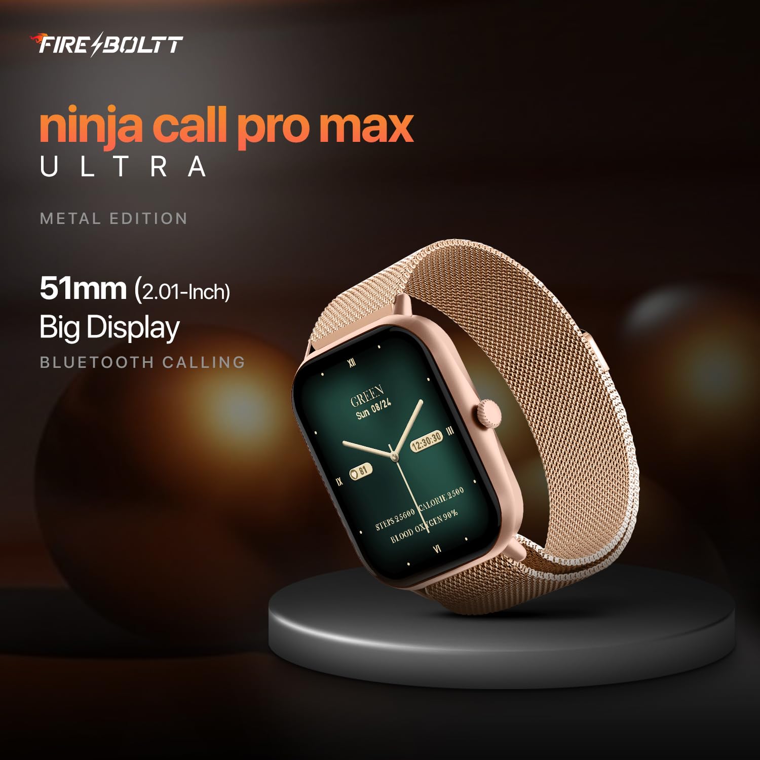 Fire-Boltt Ninja Call Pro Max Ultra Smart Watch 2.01 inch Display, Bluetooth Calling, 120+ Sports Modes, Health Suite, Voice Assistance (Gold SS)