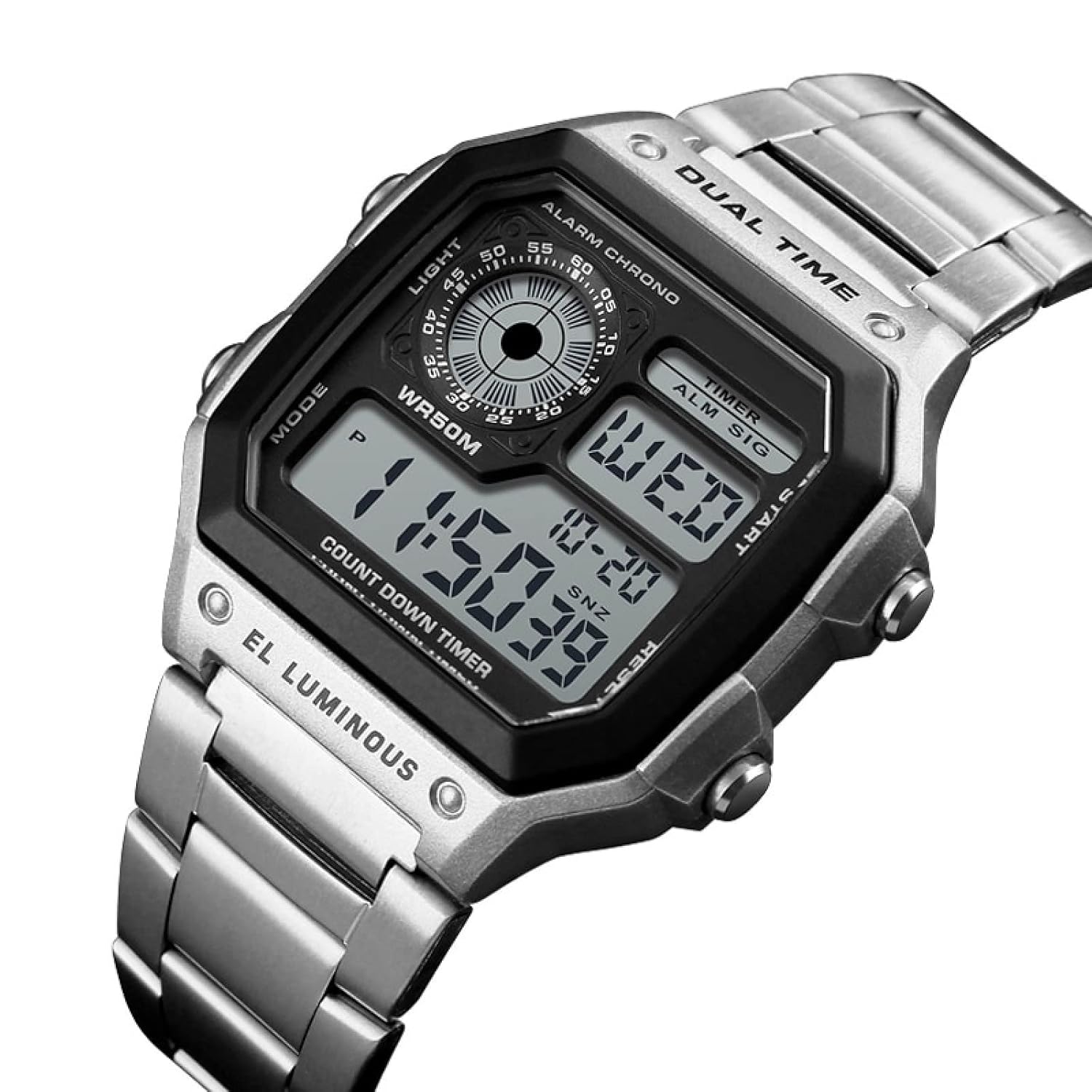 Shocknshop Digital Sports Square Black Dial Stainless Steel Strap Unisex Watch (Black Dial & Silver Colored Strap) -WCH53