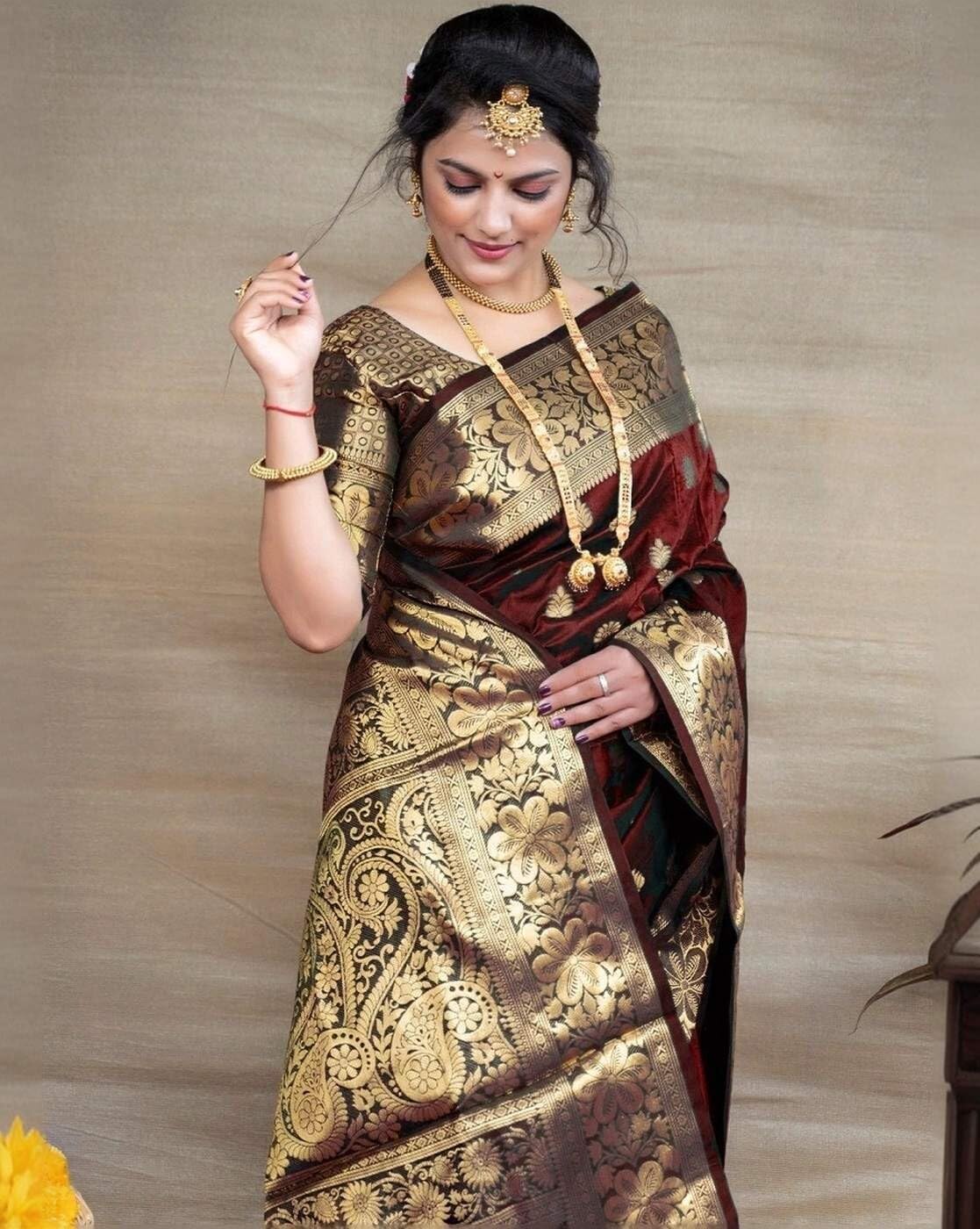 Shiv Textiles Women's Silk Woven Kanjivaram Saree(S-102-BLACK-P)