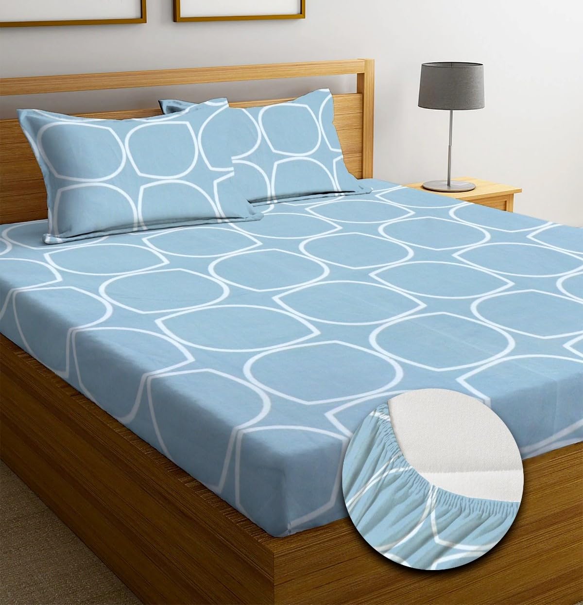 NEW LEAF Premium Cotton Elastic Fitted Bedsheets with 2 King Size Pillow Covers Double Bed with All Around Elastic Supersoft Size - 72 King Sizex78+10 inches Grey White Oval Pattren 200 tc - 220 tc