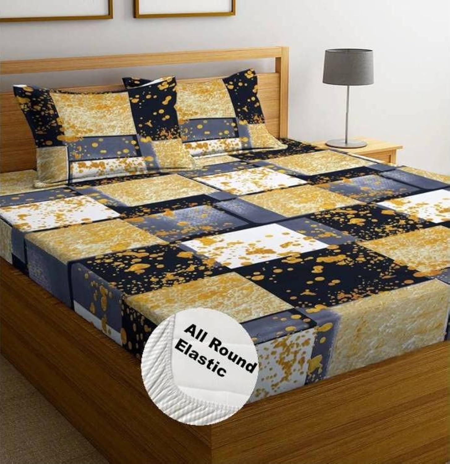 NEW LEAF Premium Cotton Elastic Fitted Bedsheets with 2 King Size Pillow Covers Double Bed with All Around Elastic Supersoft Size - 72 King Sizex78+10 inches Grey White Oval Pattren 200 tc - 220 tc