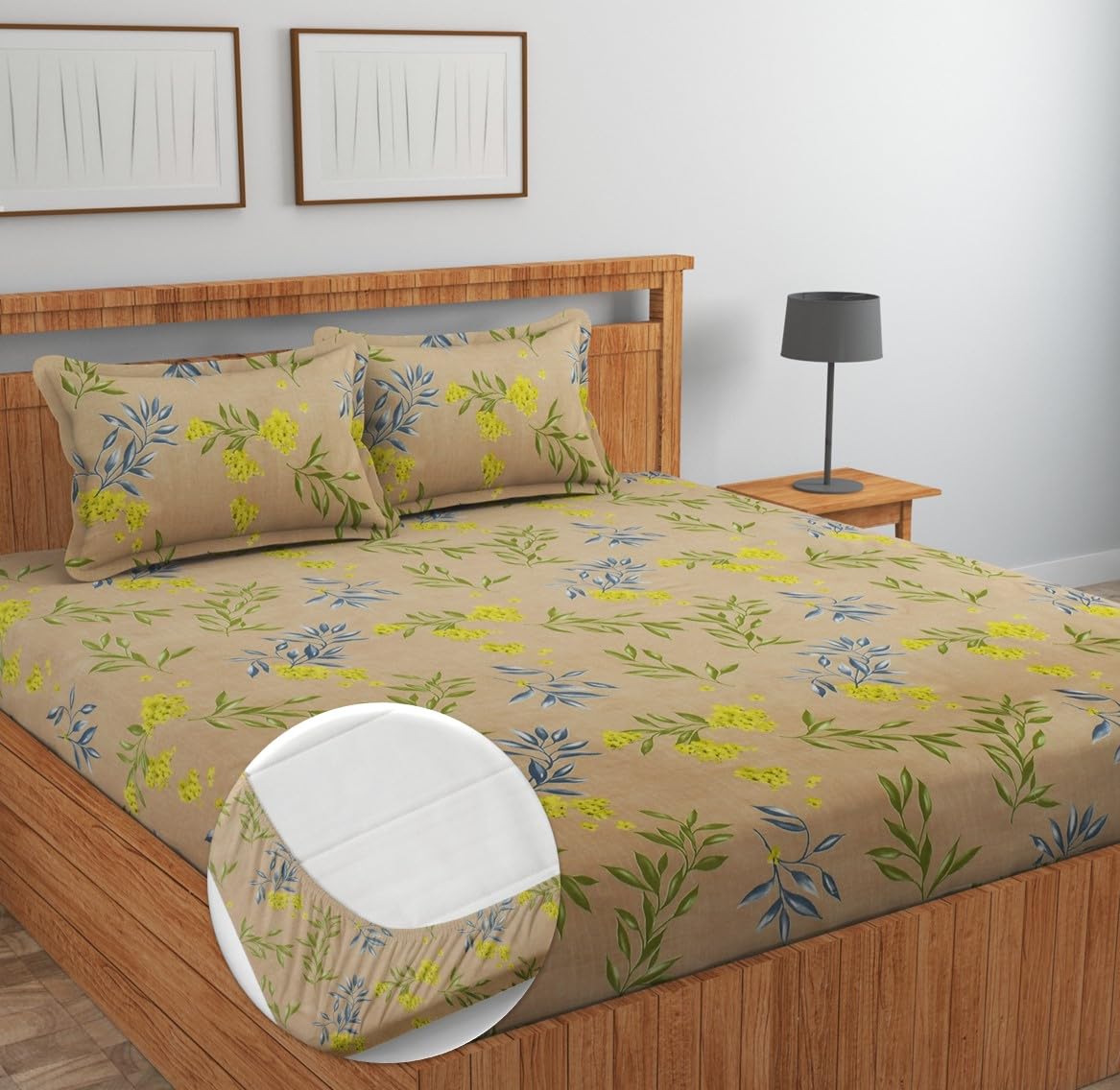 NEW LEAF Premium Cotton Elastic Fitted Bedsheets with 2 King Size Pillow Covers Double Bed with All Around Elastic Supersoft Size - 72 King Sizex78+10 inches Grey White Oval Pattren 200 tc - 220 tc