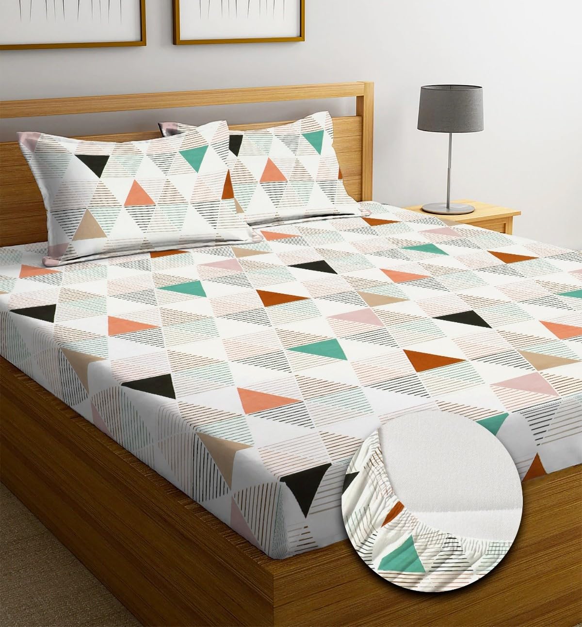 NEW LEAF Premium Cotton Elastic Fitted Bedsheets with 2 King Size Pillow Covers Double Bed with All Around Elastic Supersoft Size - 72 King Sizex78+10 inches Grey White Oval Pattren 200 tc - 220 tc