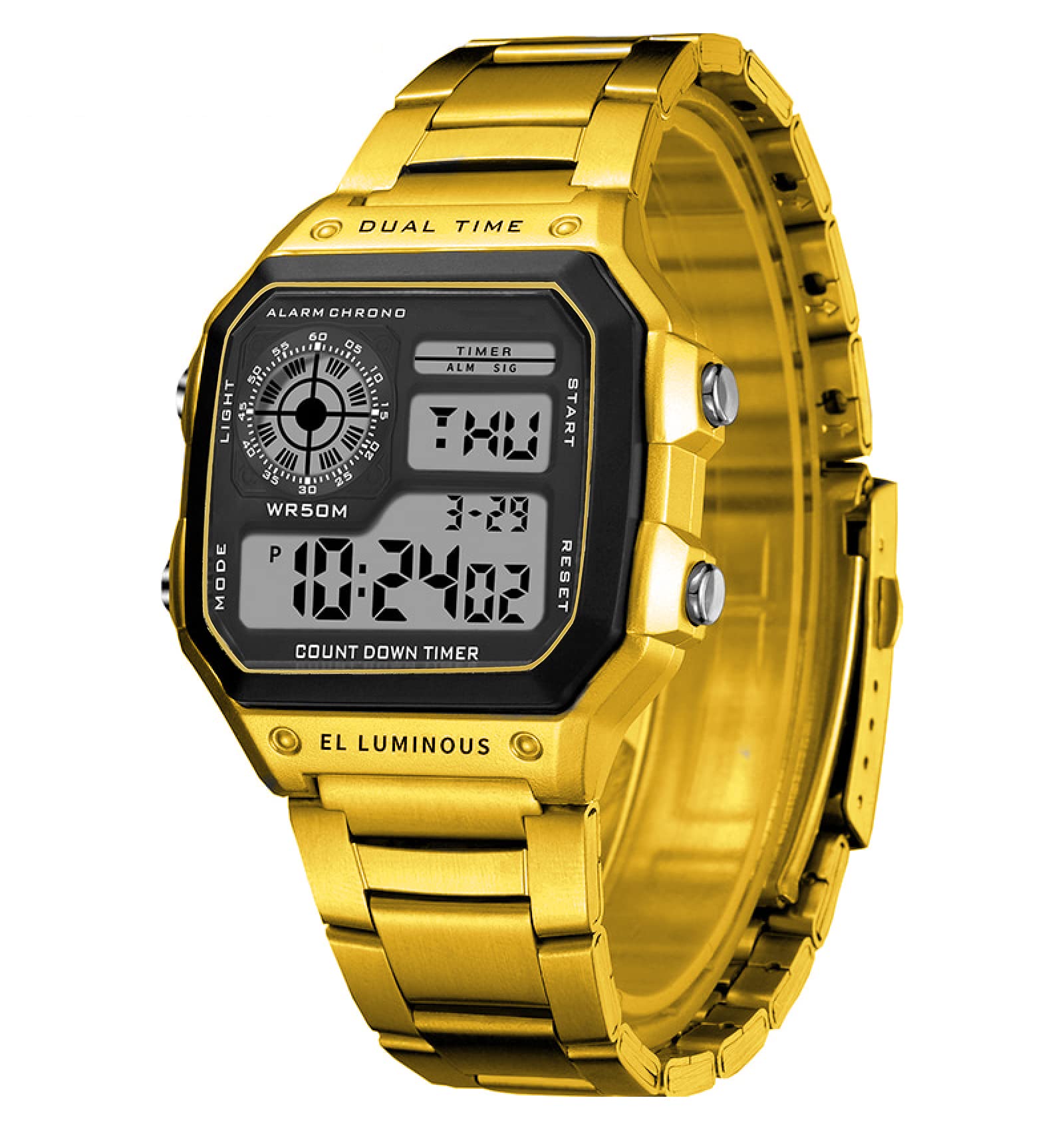 Shocknshop Digital Sports Square Black Dial Stainless Steel Strap Unisex Watch (Black Dial & Silver Colored Strap) -WCH53