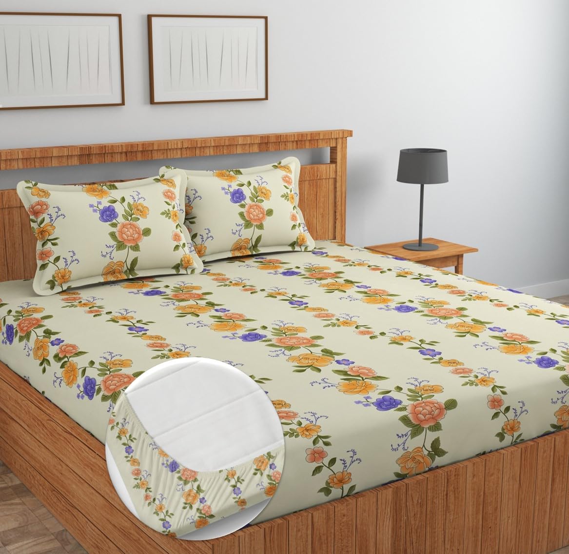 NEW LEAF Premium Cotton Elastic Fitted Bedsheets with 2 King Size Pillow Covers Double Bed with All Around Elastic Supersoft Size - 72 King Sizex78+10 inches Grey White Oval Pattren 200 tc - 220 tc
