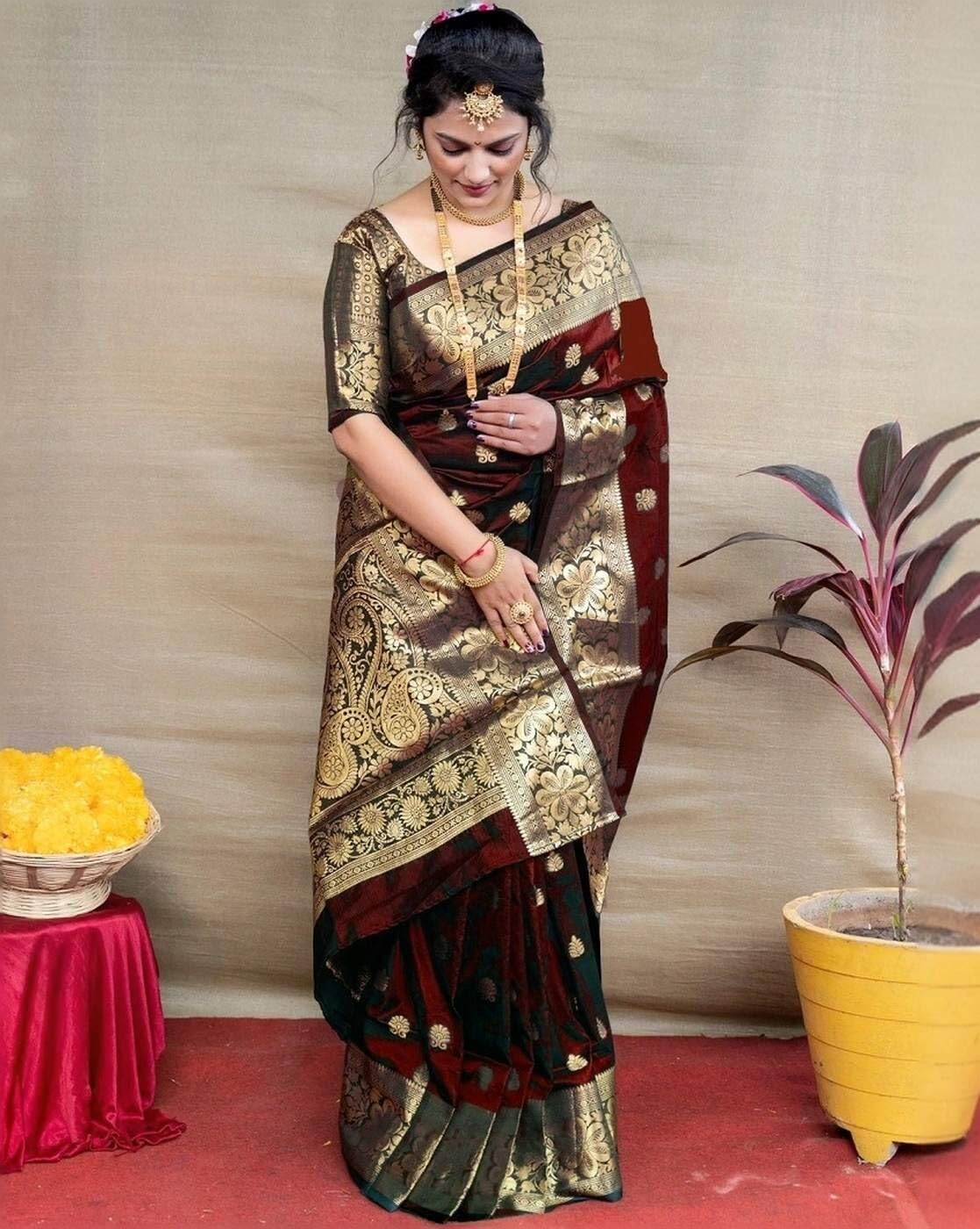 Shiv Textiles Women's Silk Woven Kanjivaram Saree(S-102-BLACK-P)