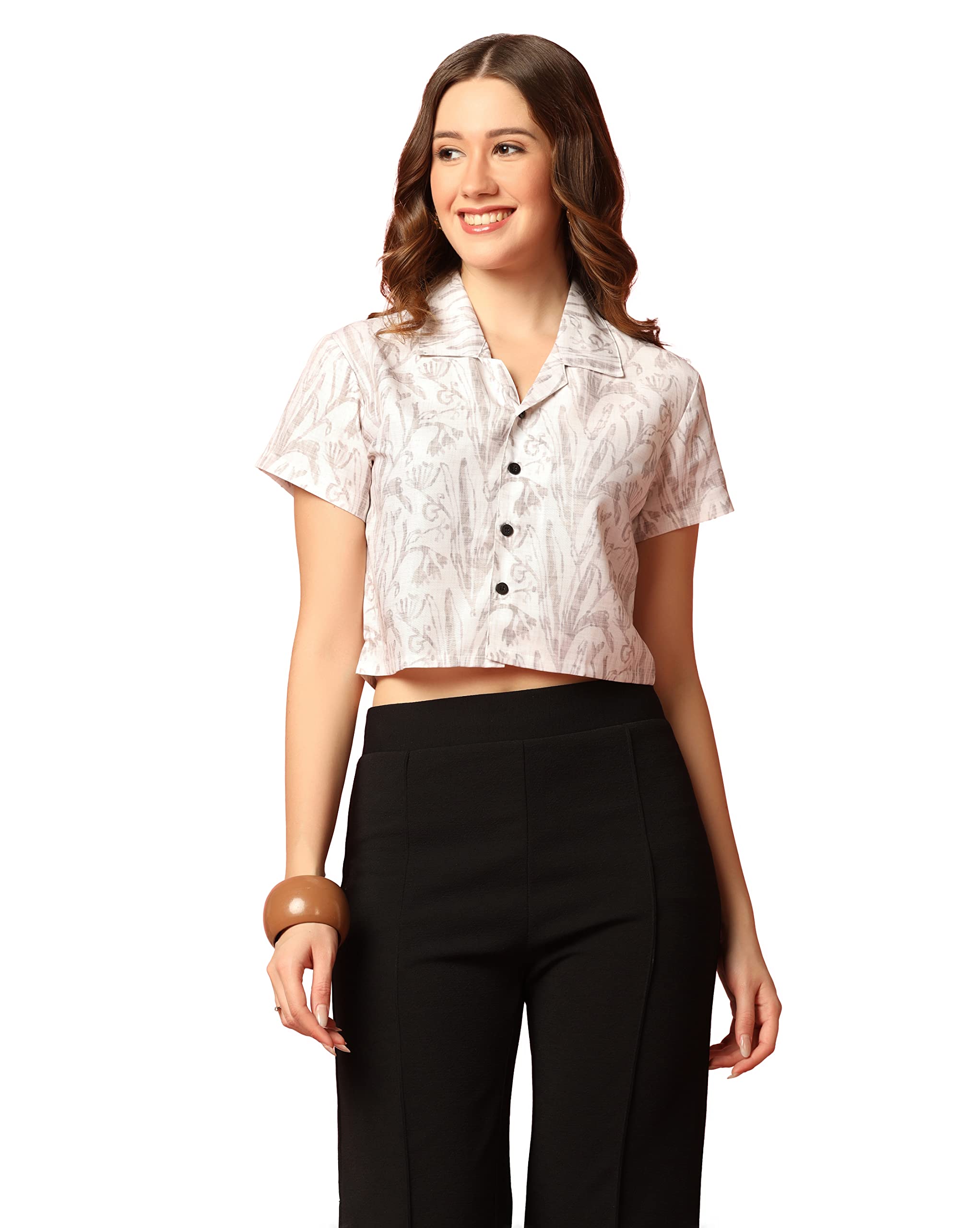 TOPLOT V-Collar Printed Crop Shirt for Women with Short Sleeves