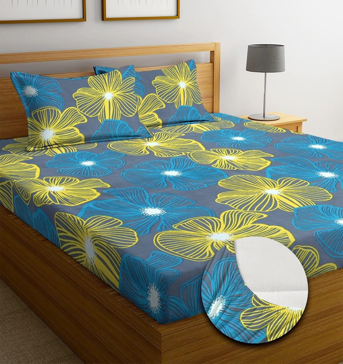 NEW LEAF Premium Cotton Elastic Fitted Bedsheets with 2 King Size Pillow Covers Double Bed with All Around Elastic Supersoft Size - 72 King Sizex78+10 inches Grey White Oval Pattren 200 tc - 220 tc