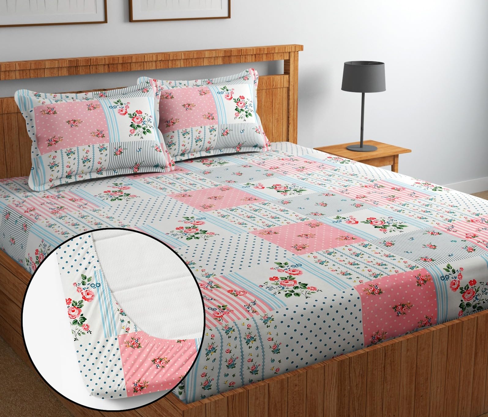NEW LEAF Premium Cotton Elastic Fitted Bedsheets with 2 King Size Pillow Covers Double Bed with All Around Elastic Supersoft Size - 72 King Sizex78+10 inches Grey White Oval Pattren 200 tc - 220 tc