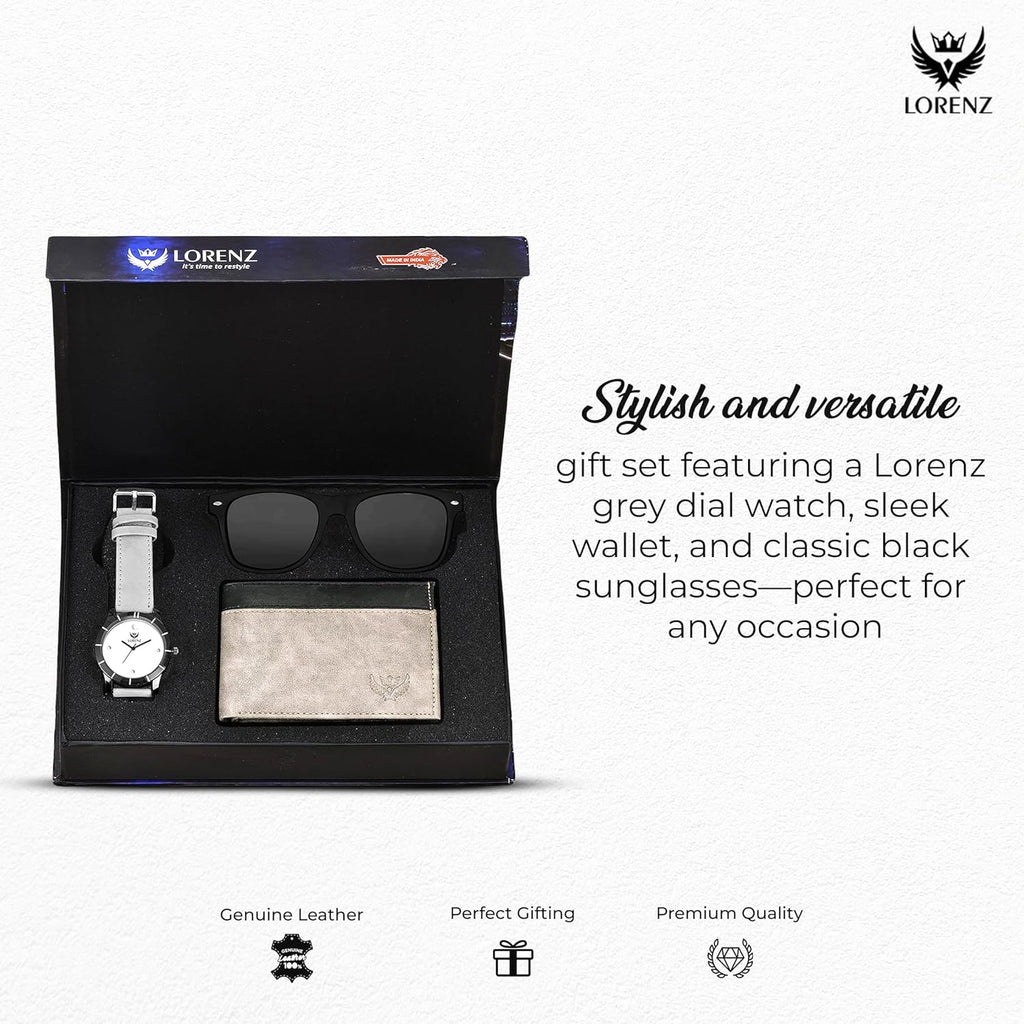 LORENZ Analog Men Gift Box Combo Set of Grey Dial Watch, Wallet & Black Sunglasses