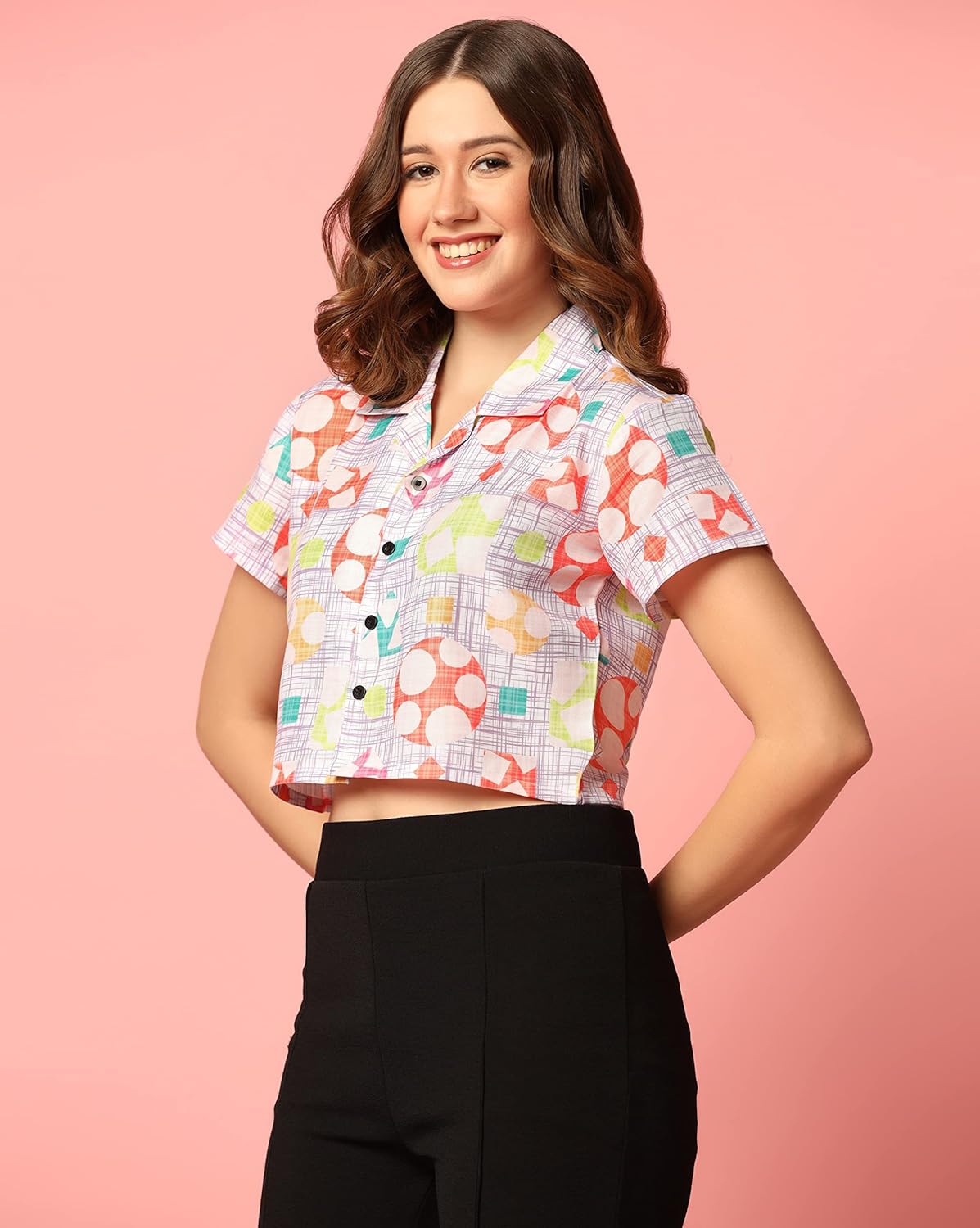 TOPLOT V-Collar Printed Crop Shirt for Women with Short Sleeves