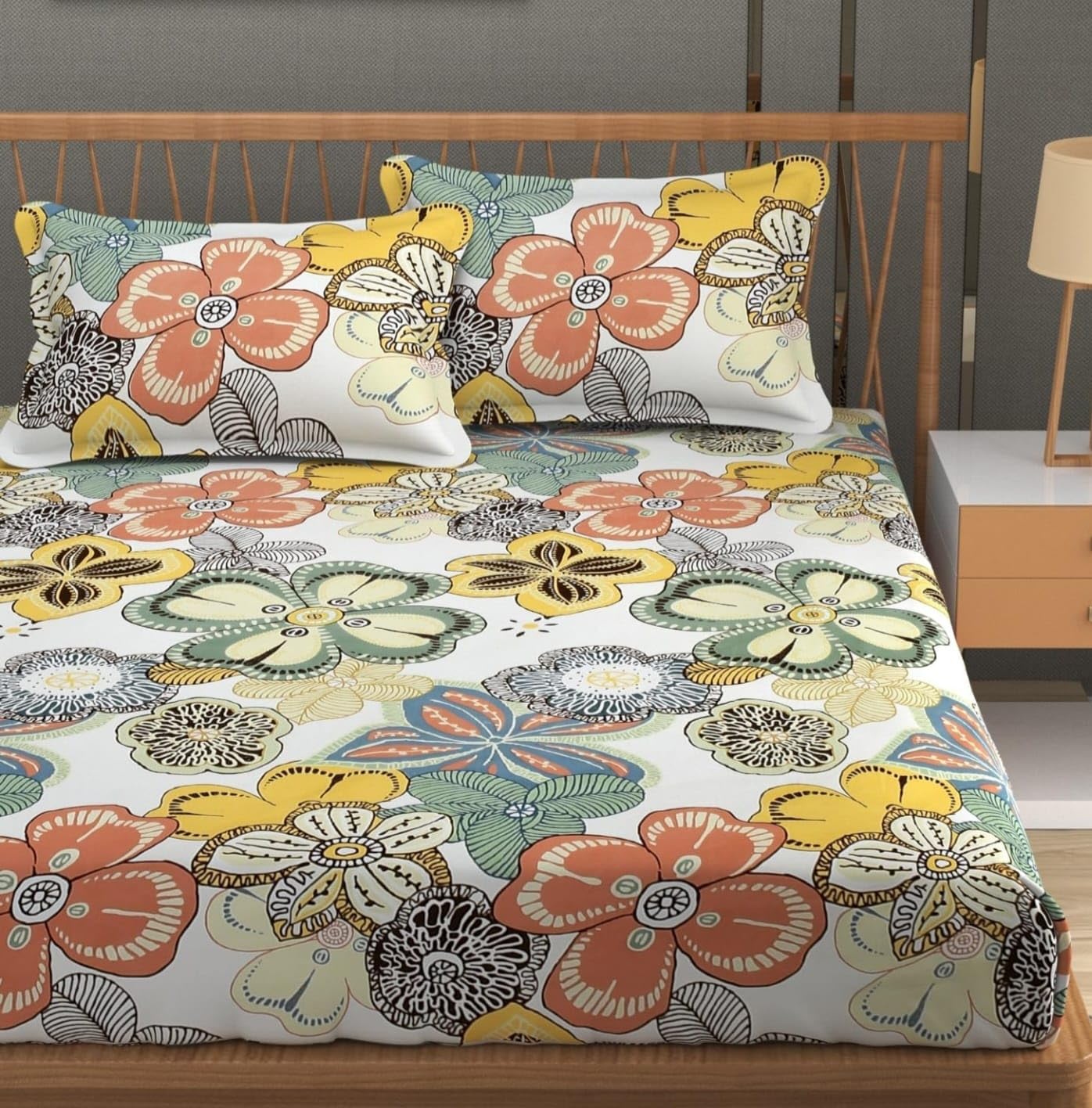 NEW LEAF Premium Cotton Elastic Fitted Bedsheets with 2 King Size Pillow Covers Double Bed with All Around Elastic Supersoft Size - 72 King Sizex78+10 inches Grey White Oval Pattren 200 tc - 220 tc